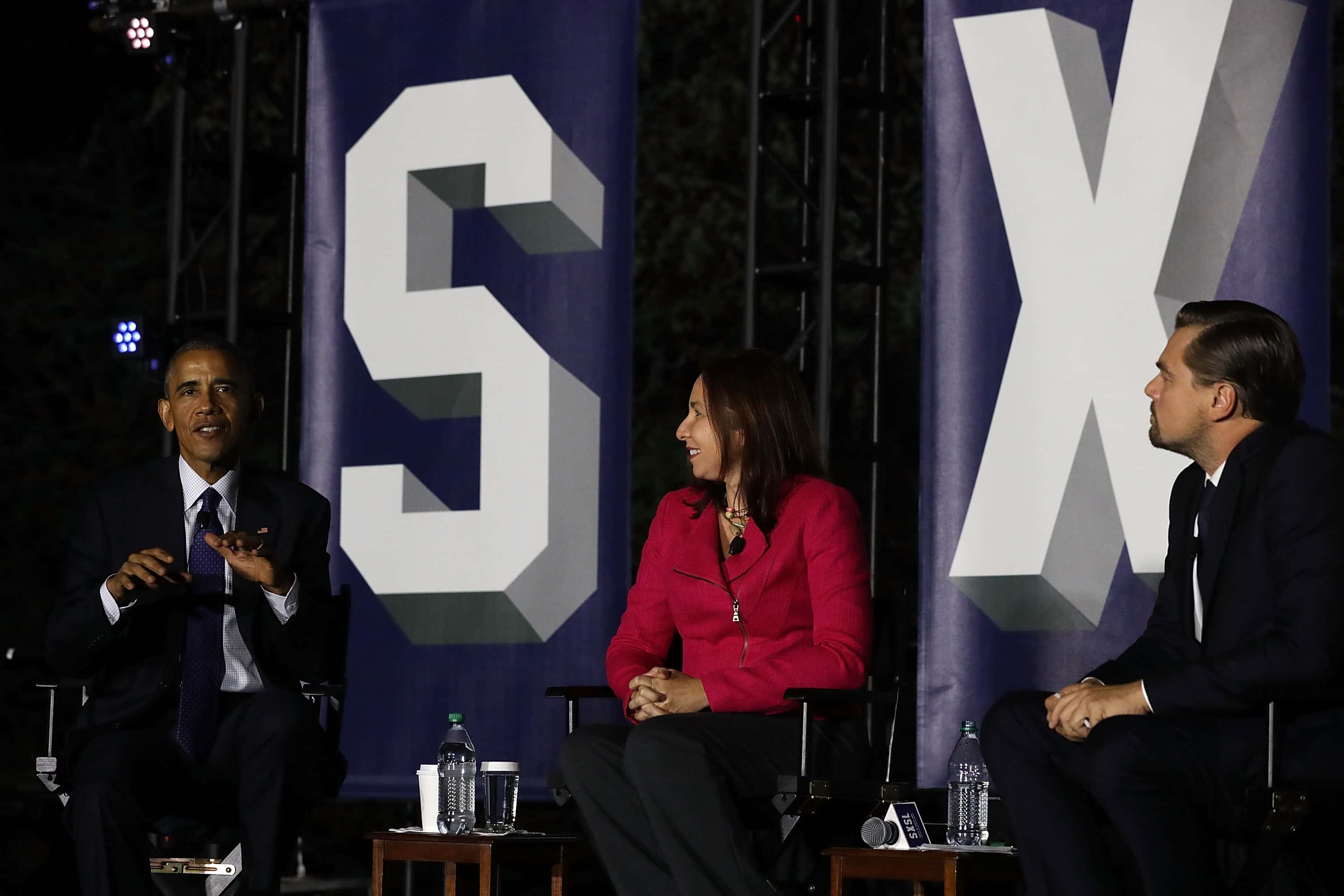 Barack Obama, atmospheric scientist Katharine Hayhoe, and actor Leonardo DiCaprio participate in a conversation
