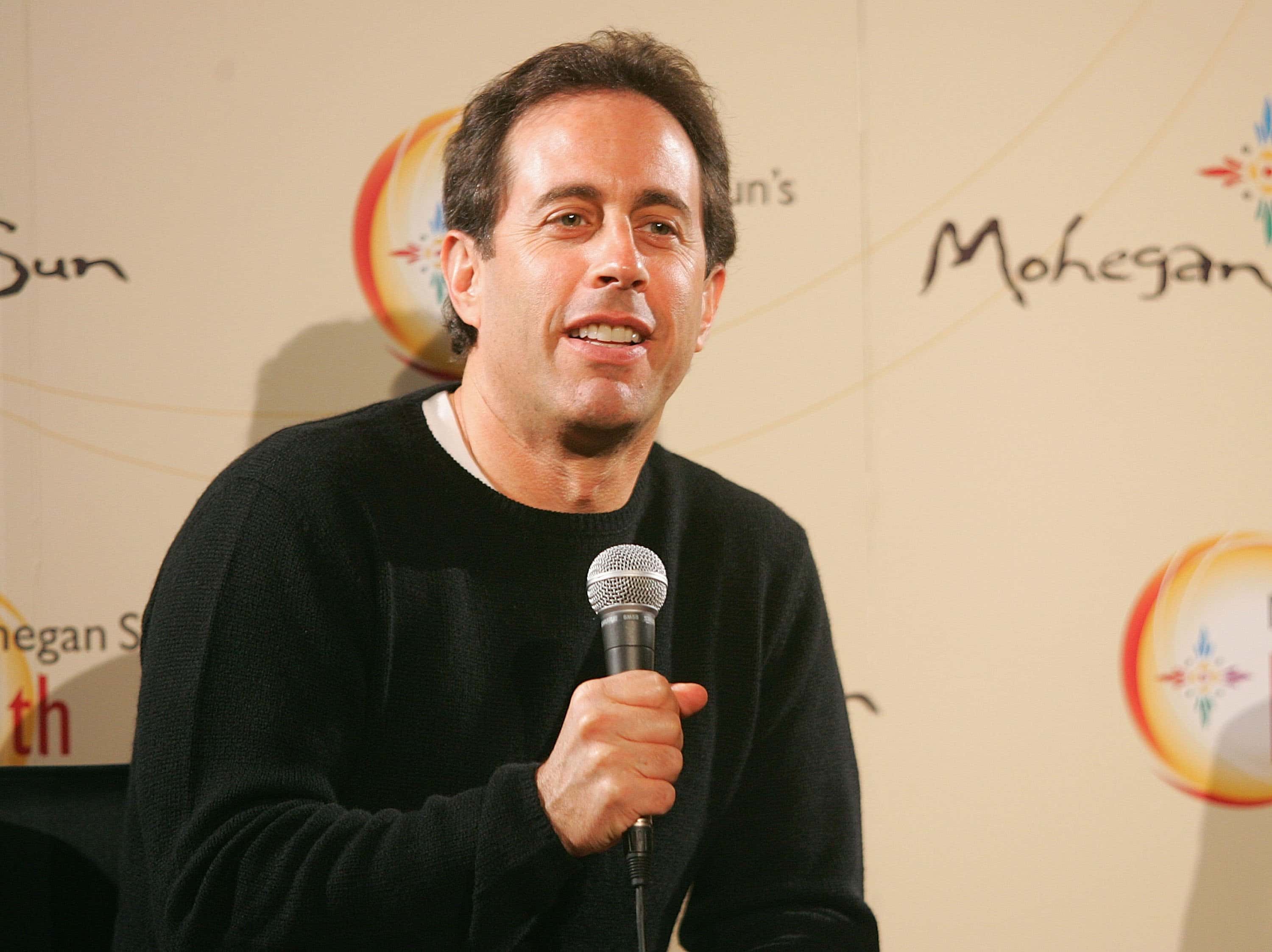 Comedian Jerry Seinfeld speaks at a Q&A during the Mohegan Sun 10th Anniversary celebration at Mohegan Sun Resort