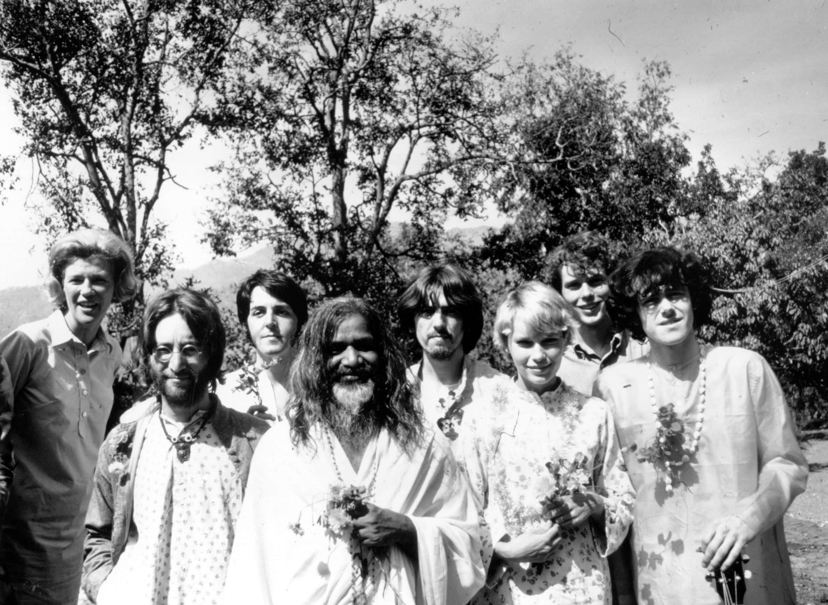 Maharishi Mahesh Yogi with members of the Beatles and other famous followers, who have chosen to study transcendental meditation at his academy in India