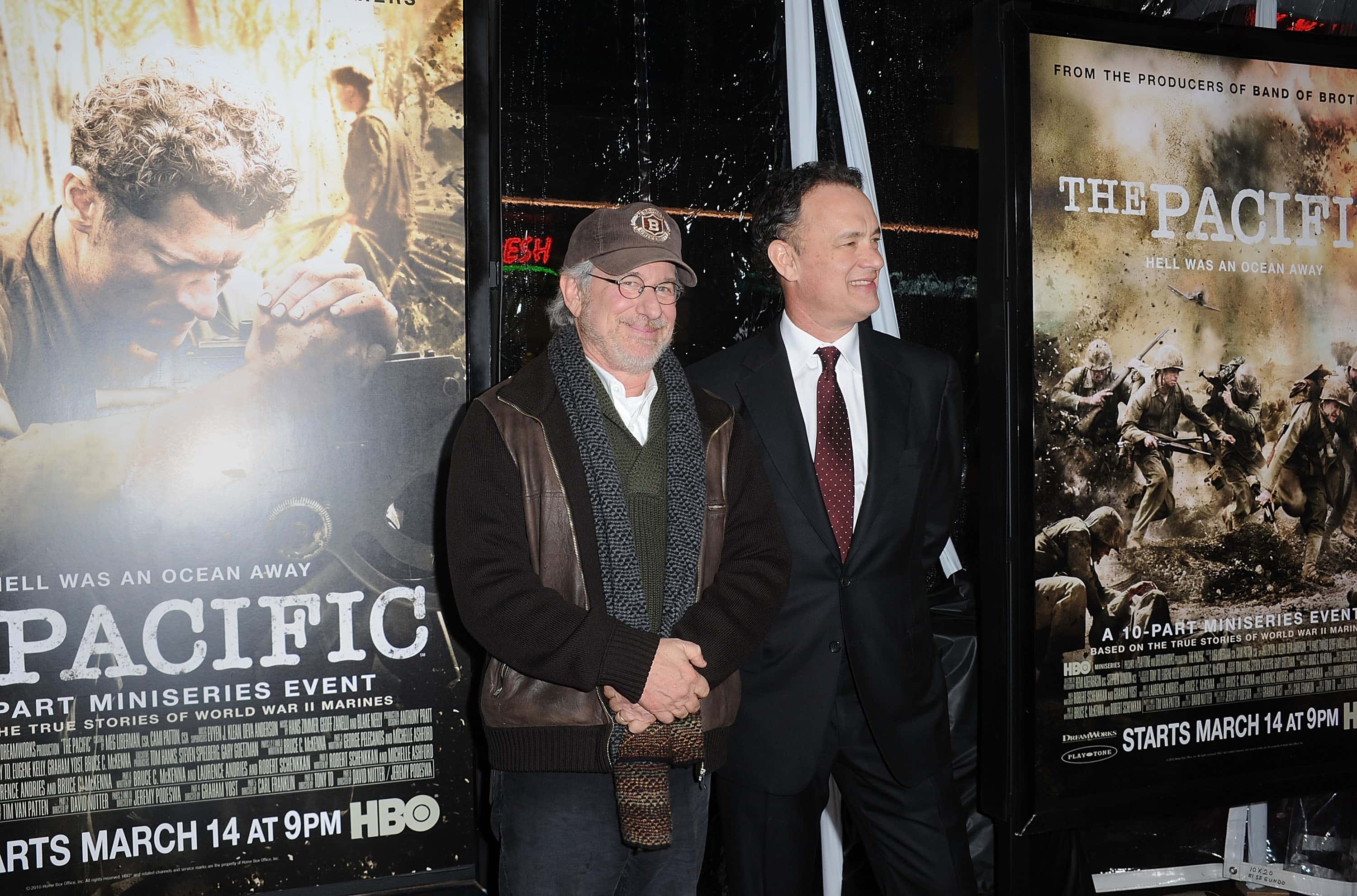 Steven Spielberg and Tom Hanks arrive at HBO's premiere of "The Pacific" 2010