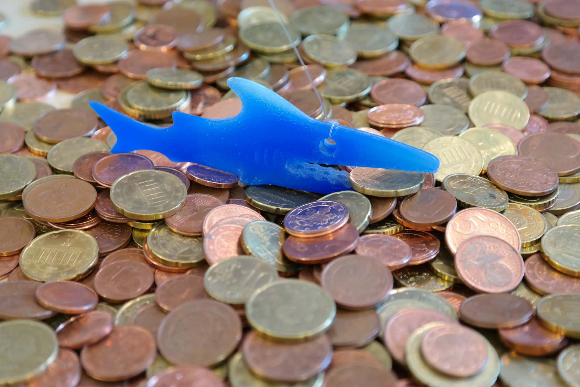 Blue shark toy surrounded by metal Coins