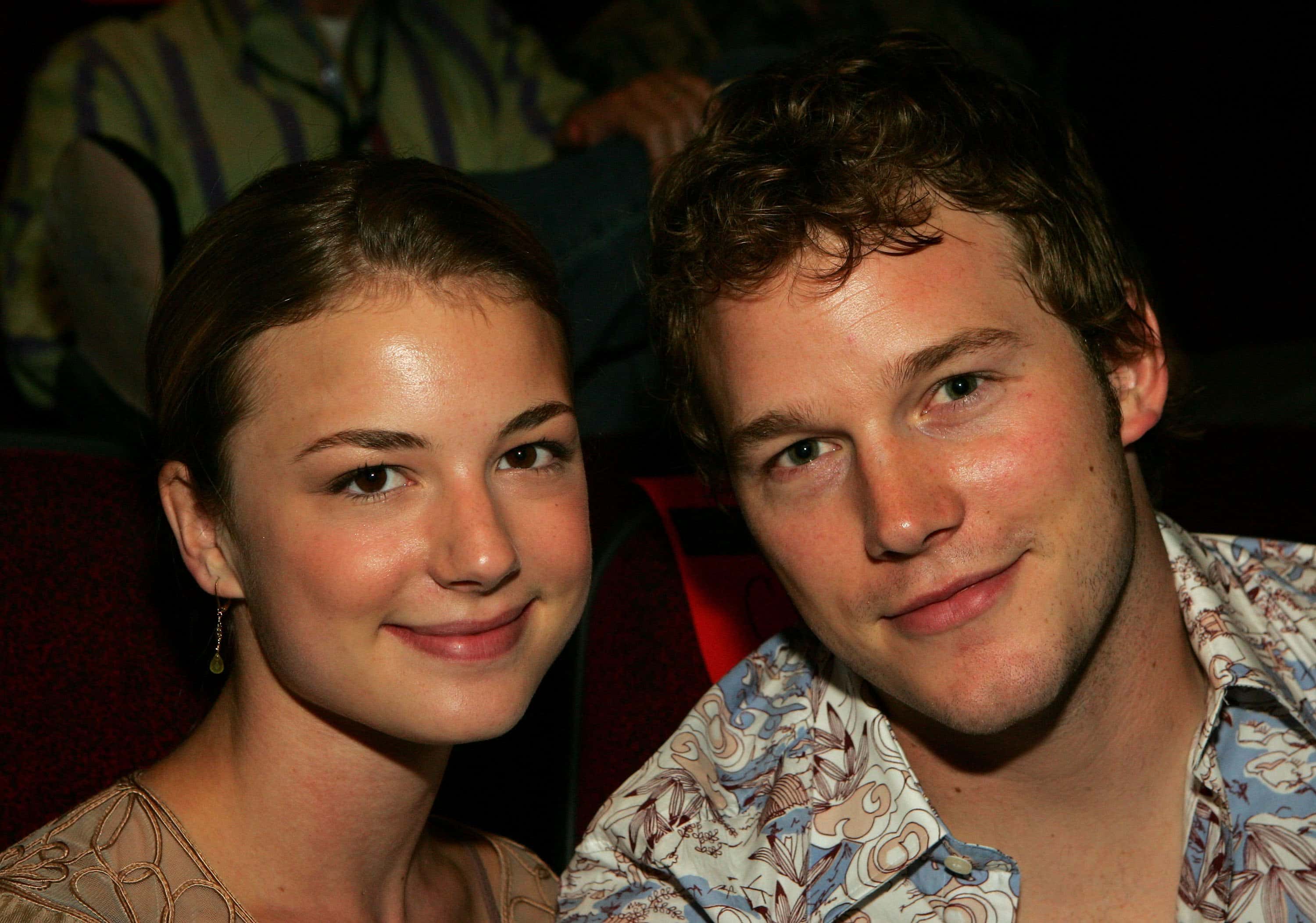 Actress Emily VanCamp and actor Chris Pratt pose inside at the Cinevegas opening night film "Strangers With Candy"