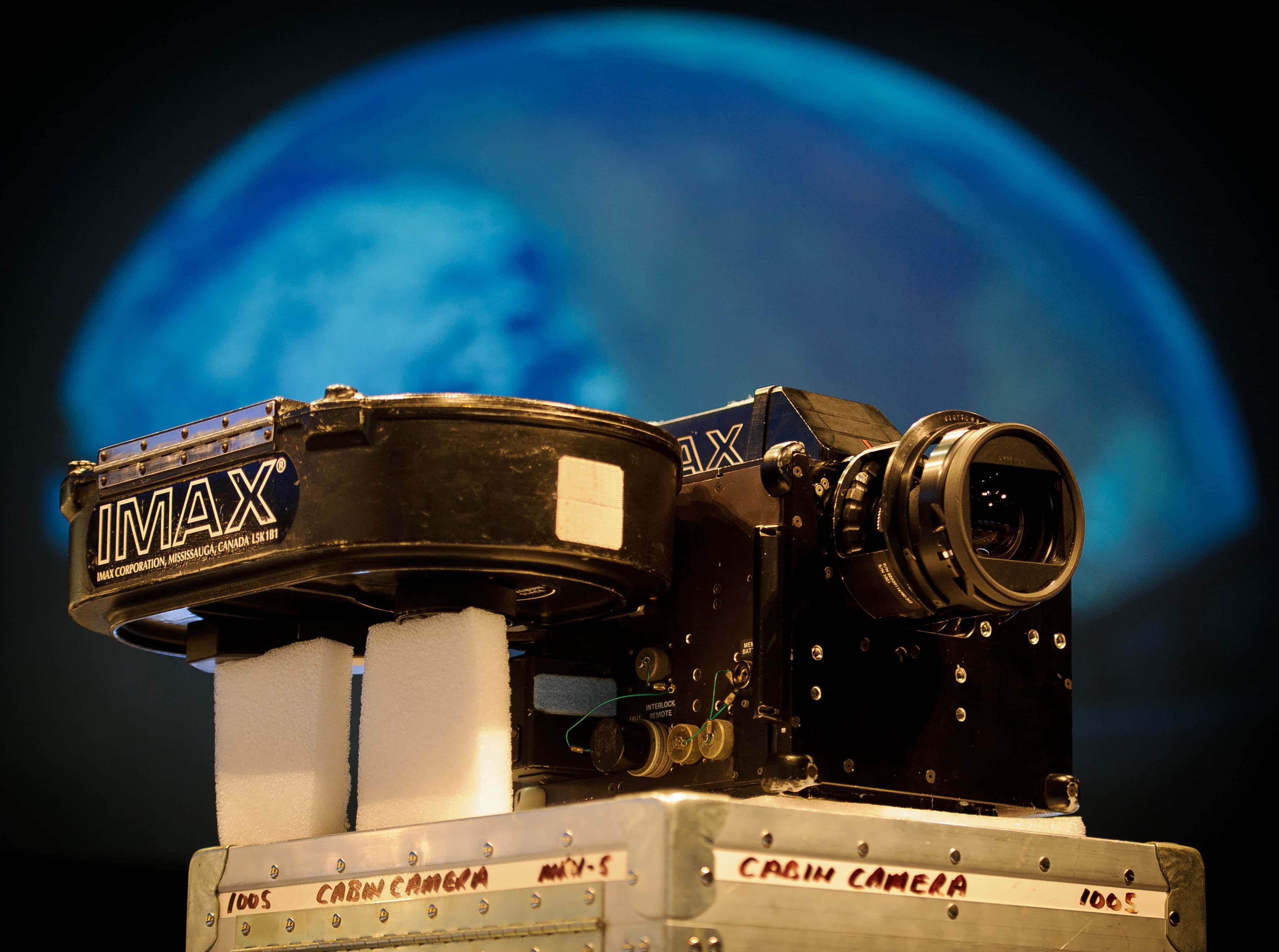 An IMAX camera that flew aboard a space shuttle is seen at the Moving Beyond Earth Gallery at the Smithsonian National Air and Space Museum