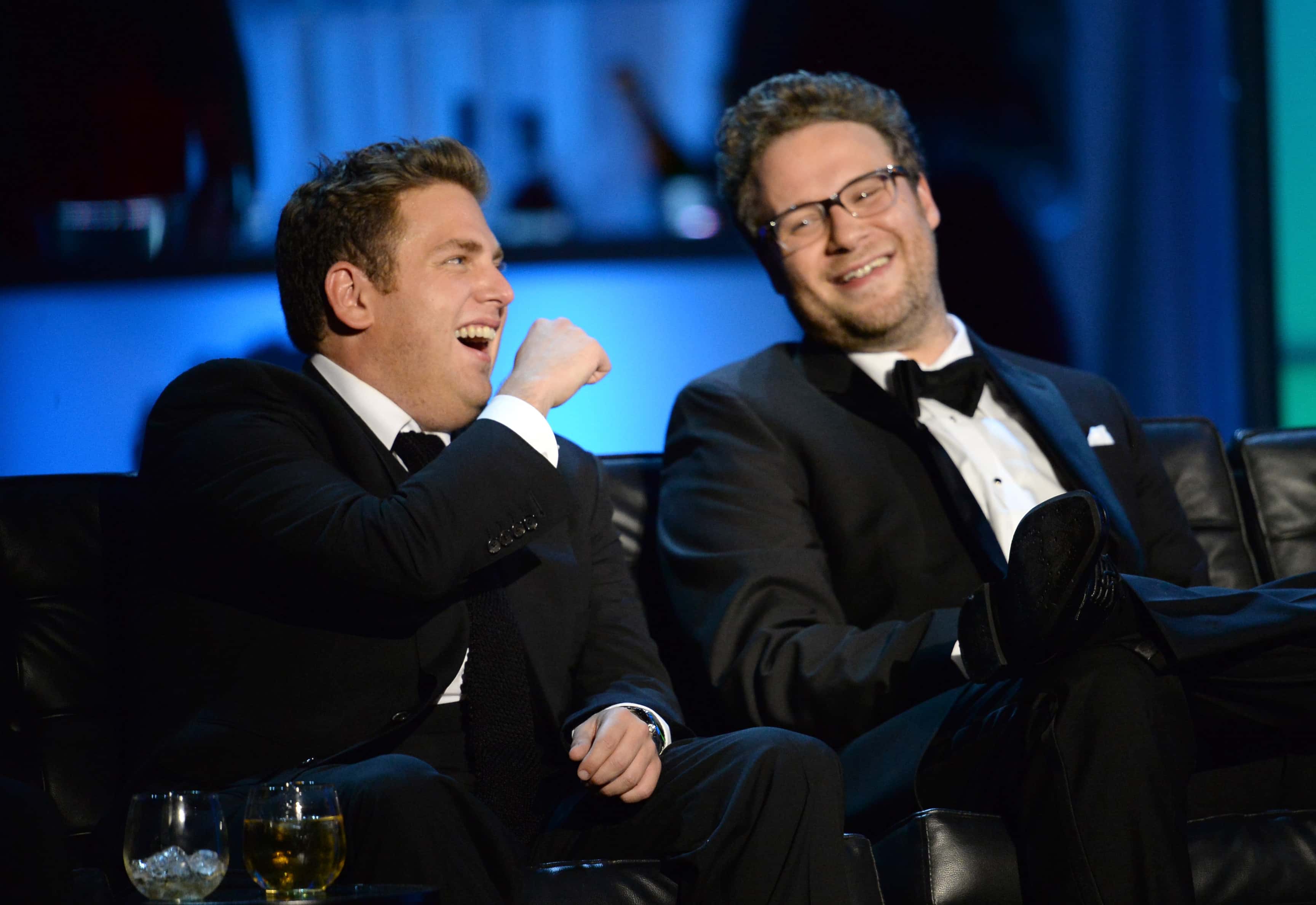 Actor Jonah Hill (L) and roast master Seth Rogen onstage during The Comedy Central Roast