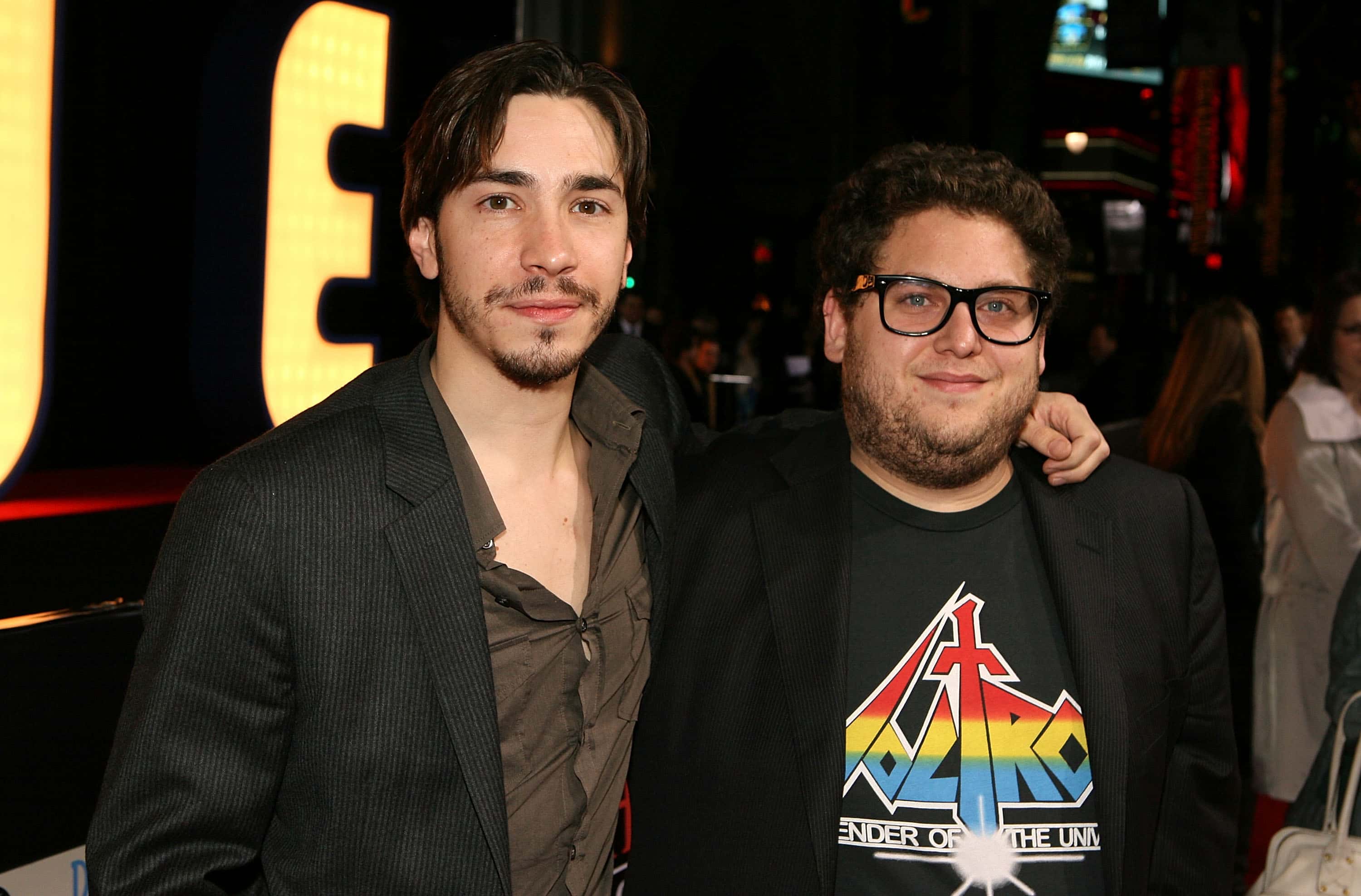 Actors Justin Long and Jonah Hill pose at the Premiere Of Sony Pictures' "Walk Hard: The Dewy Cox Story"