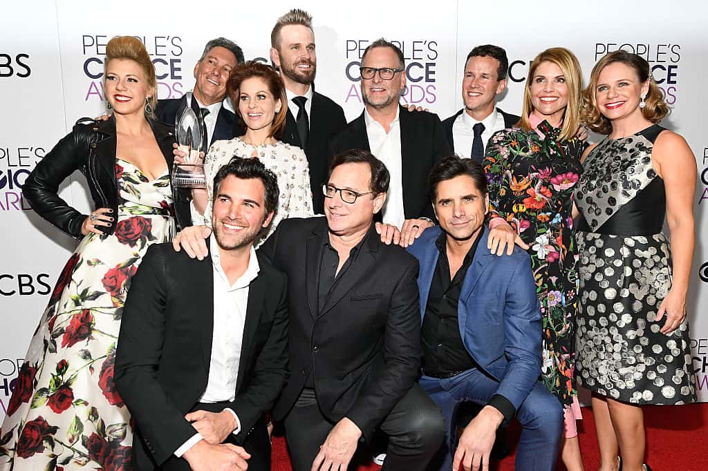 Actress Jodie Sweetin, producer Jeff Franklin, actors Candace Cameron Bure, John Brotherton, Dave Coulier, Scott Weinger, Lori Loughlin, Andrea Barber and (front L-R) actors Juan Pablo Di Pace, Bob Saget and John Stamos