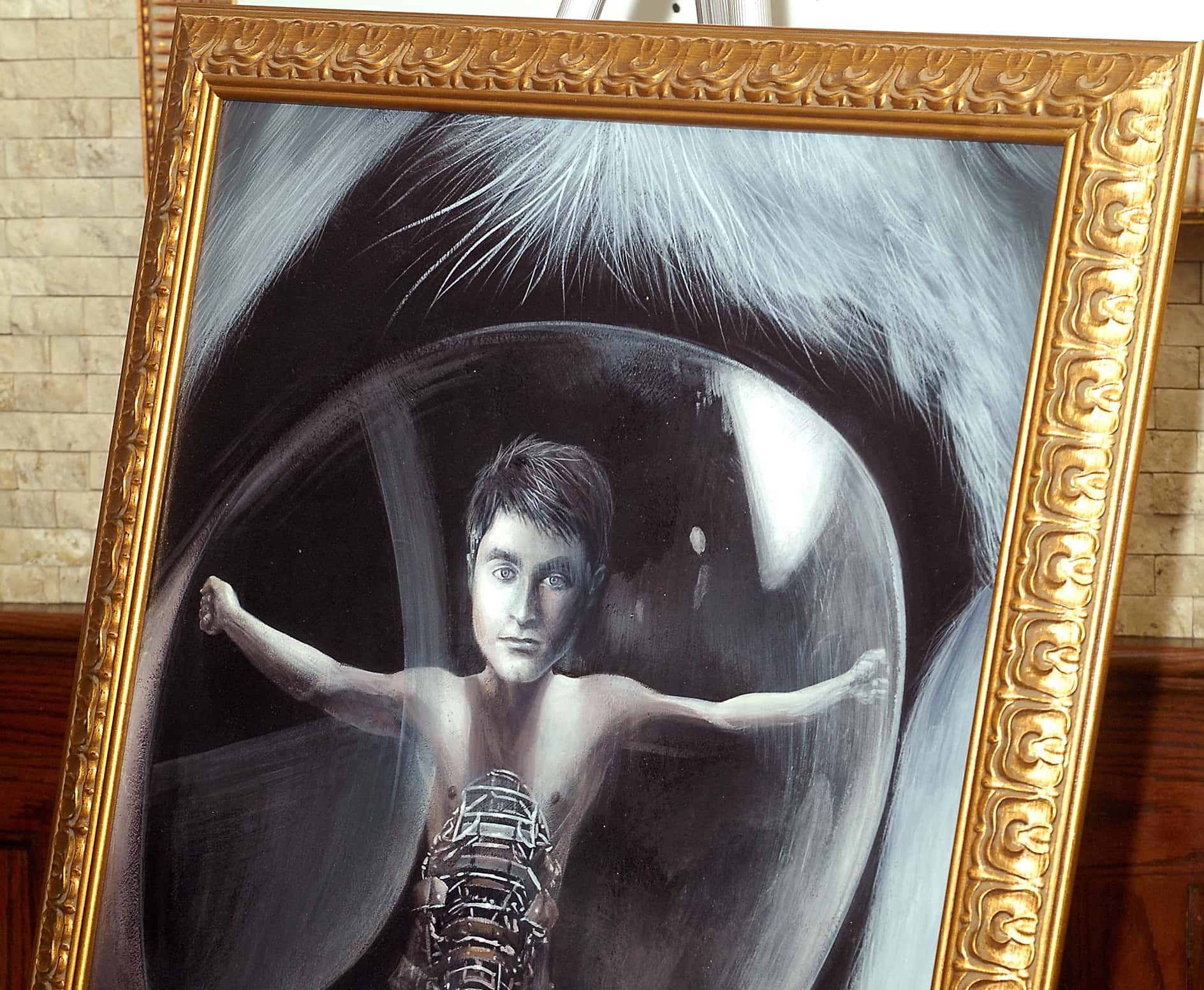 A painted portrait of Daniel Radcliffe in honor of his role in the play Equus