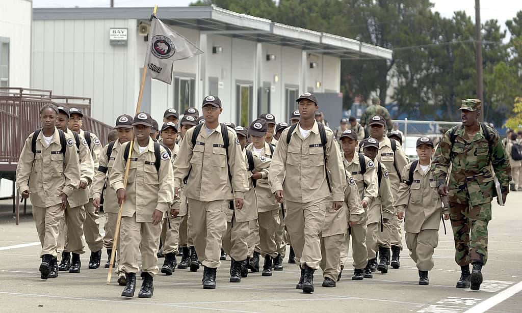 Cadets at the Oakland Military Institute march in formation August 15, 2001 in Oakland, California.