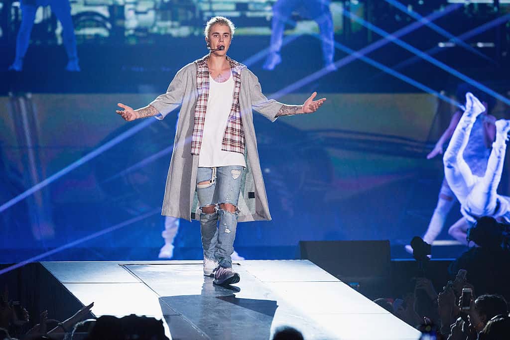 Justin Bieber performs on stage during opening night of the 'Purpose World Tour'