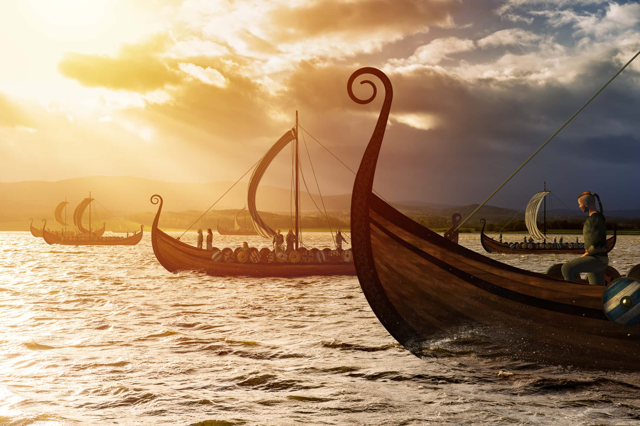 Viking ships on the water under the sunlight and dark storm.