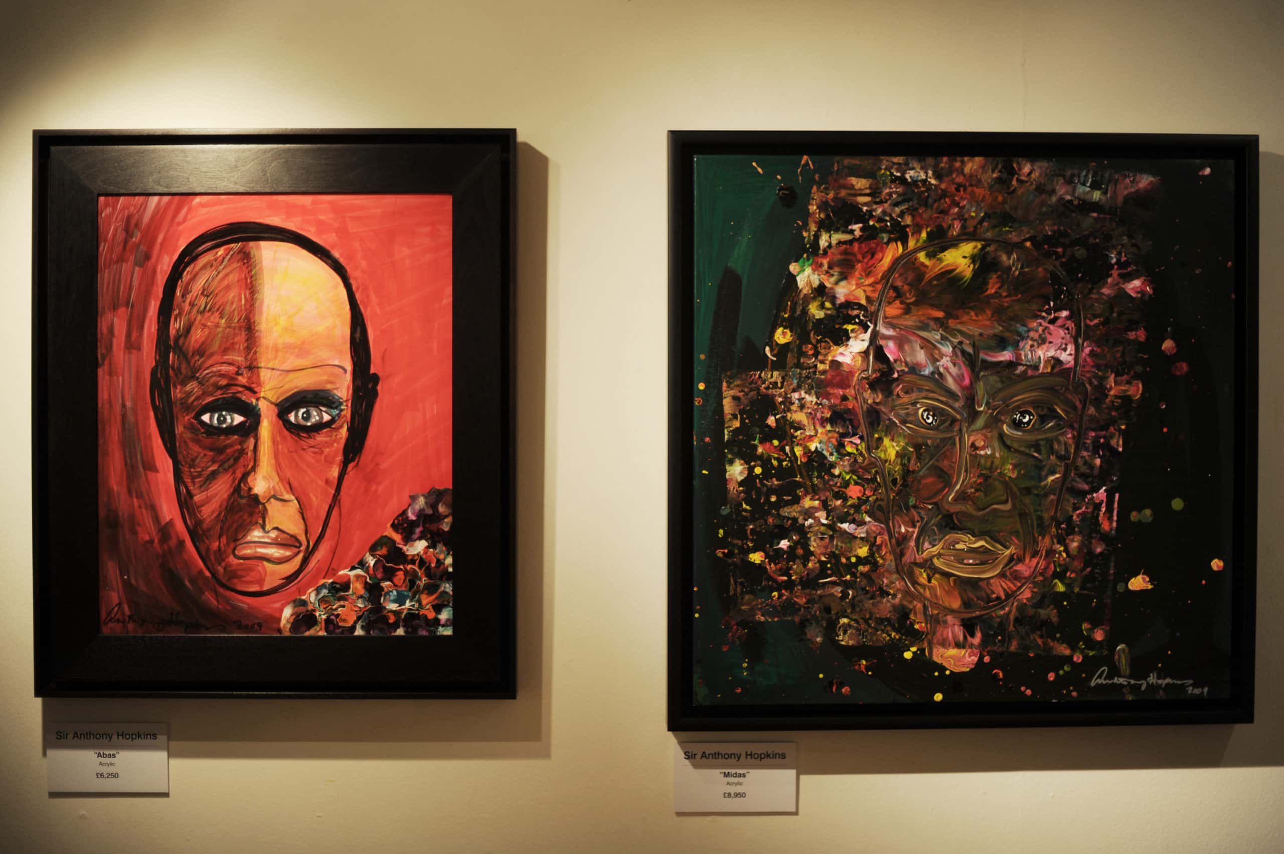 Paintings entitled 'Abas' (L) and 'Midas' (R) by actor Sir Anthony Hopkins
