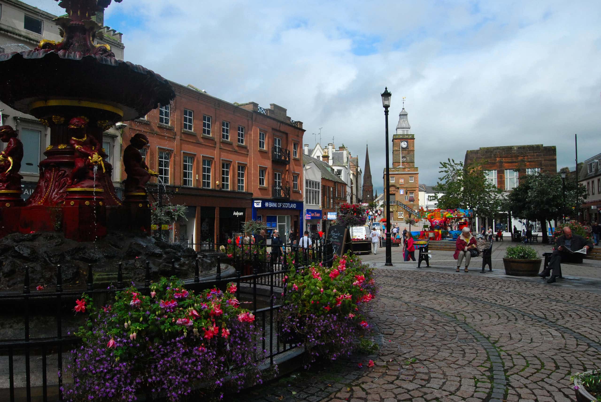Dumfries High Street, with the Midsteeple in the background