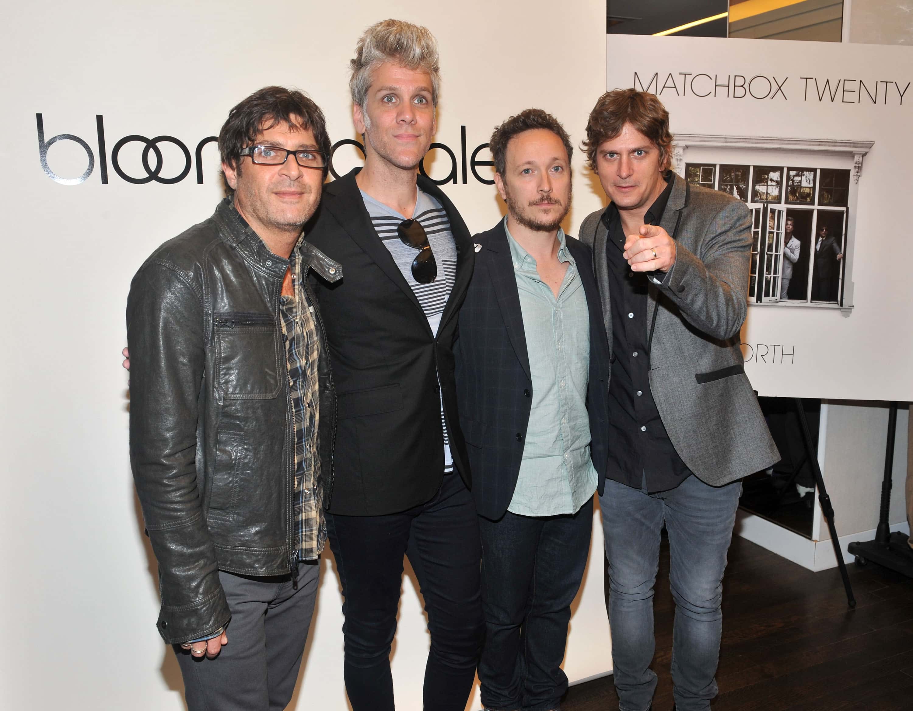 Musicians Brian Yale, Kyle Cook, Rob Thomas and Paul Doucette of band Matchbox Twenty visit Bloomingdale's 59th Street Store