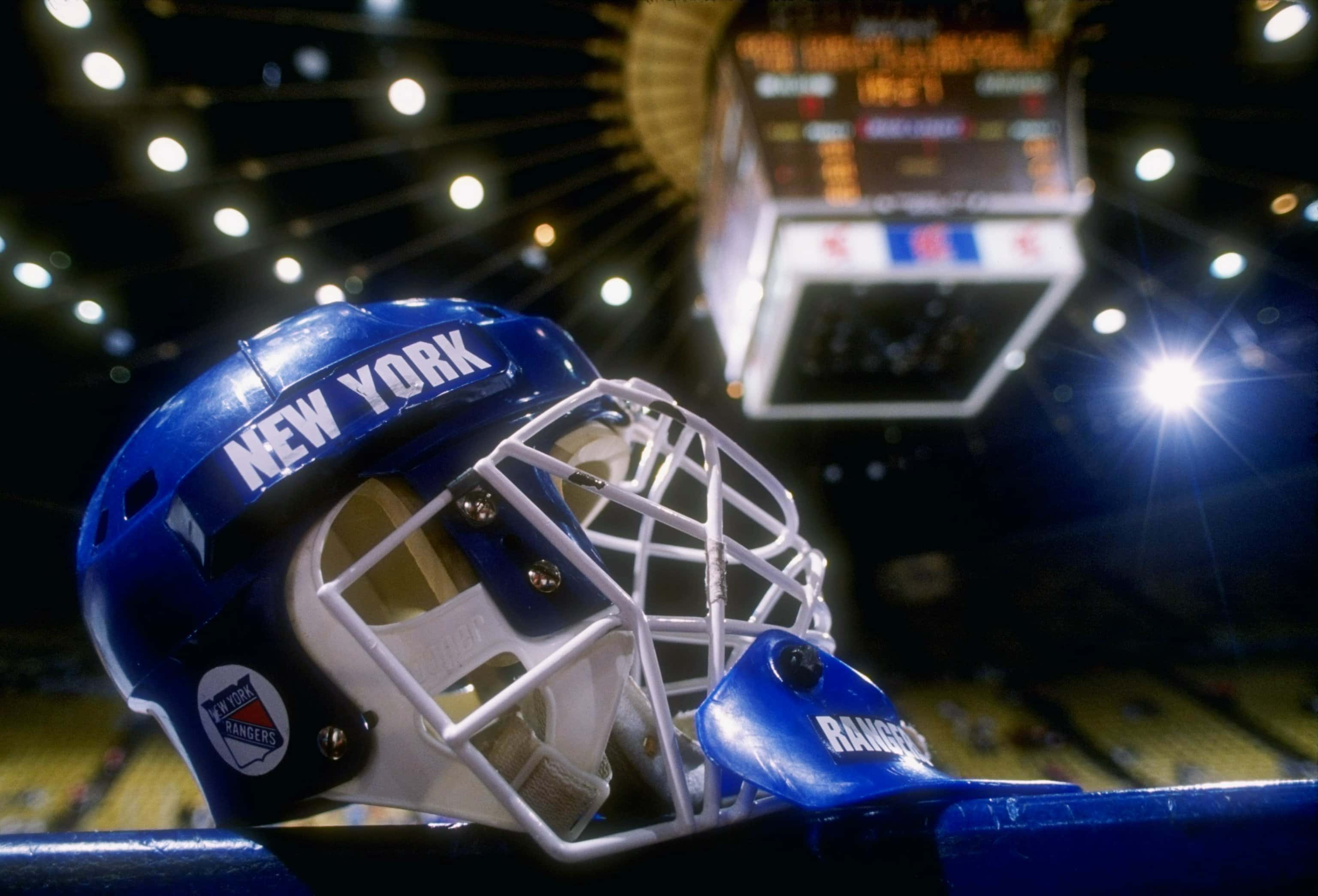 General view of a goalies helmet worn by the New York Rangers.