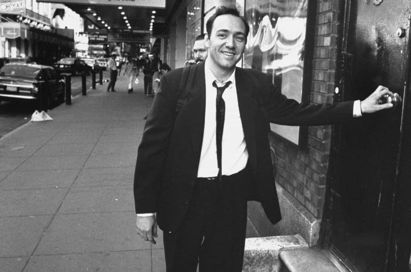 Actor Kevin Spacey posing at stage door of the Richard Rodgers Theater