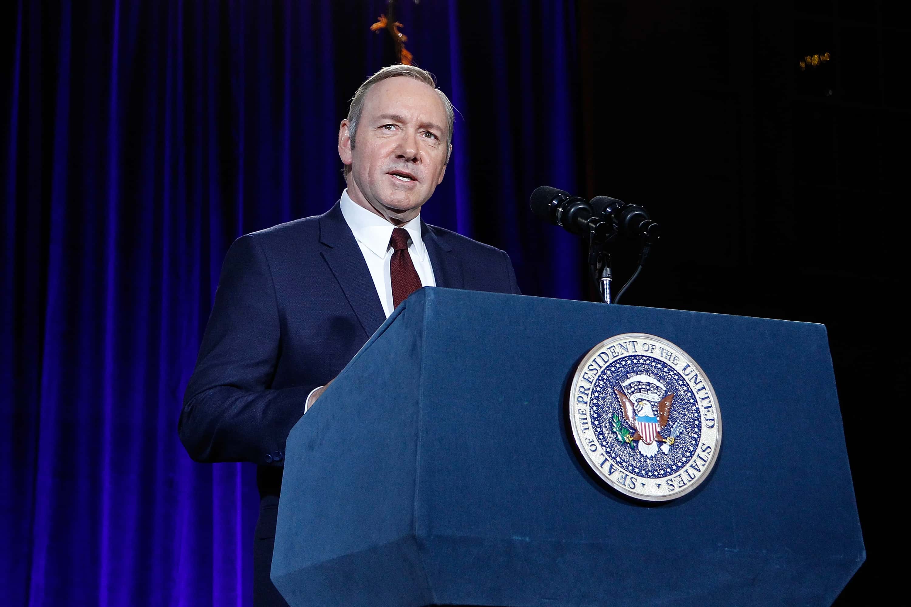 Kevin Spacey speaks on stage at the portrait unveiling and season 4 premiere of Netflix's "House Of Cards"