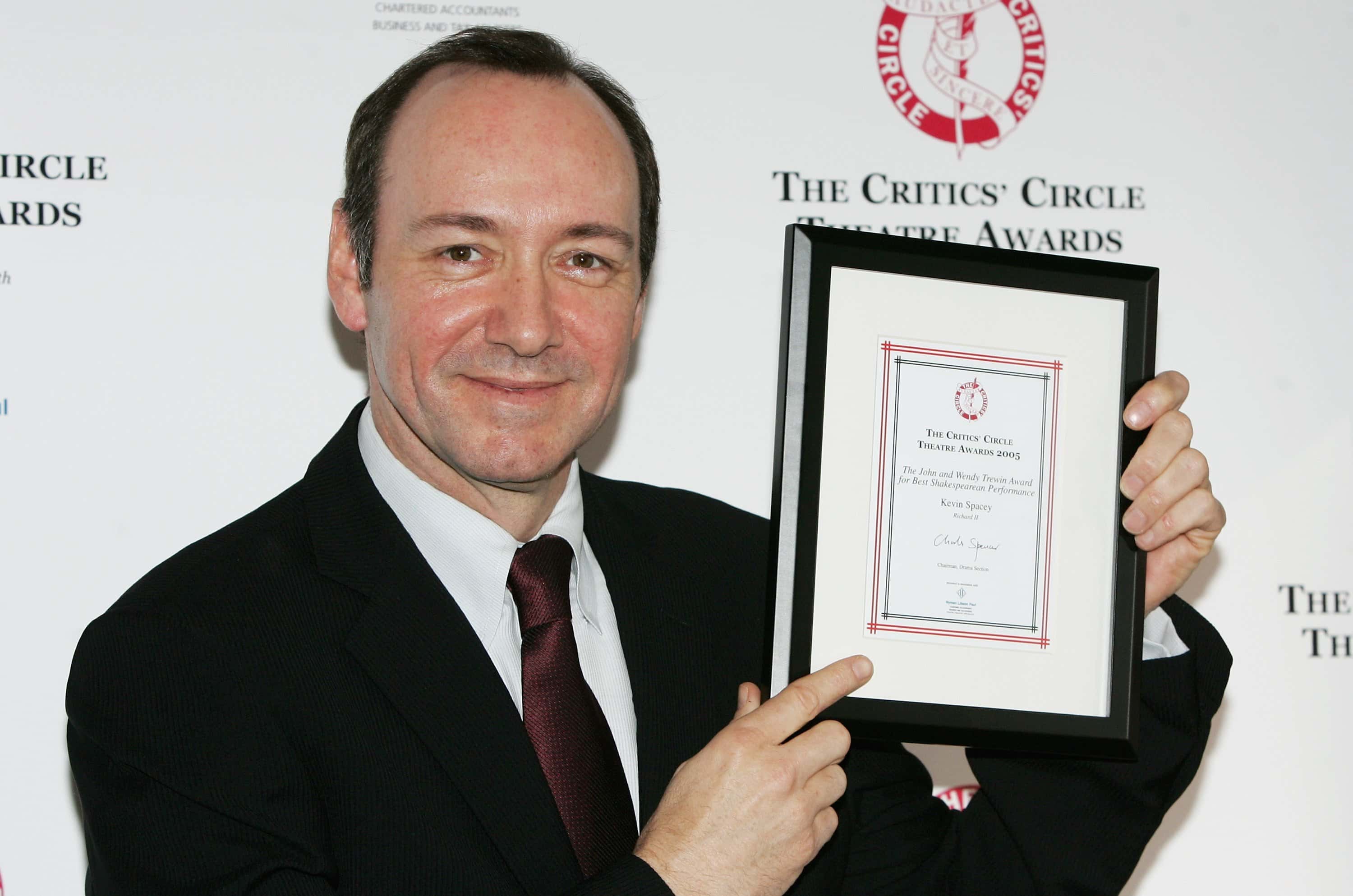 Actor Kevin Spacey poses with The John and Wendy Trewin Award for Best Shakespearean Performance for 'Richard II', at The Critics' Circle Theatre Awards