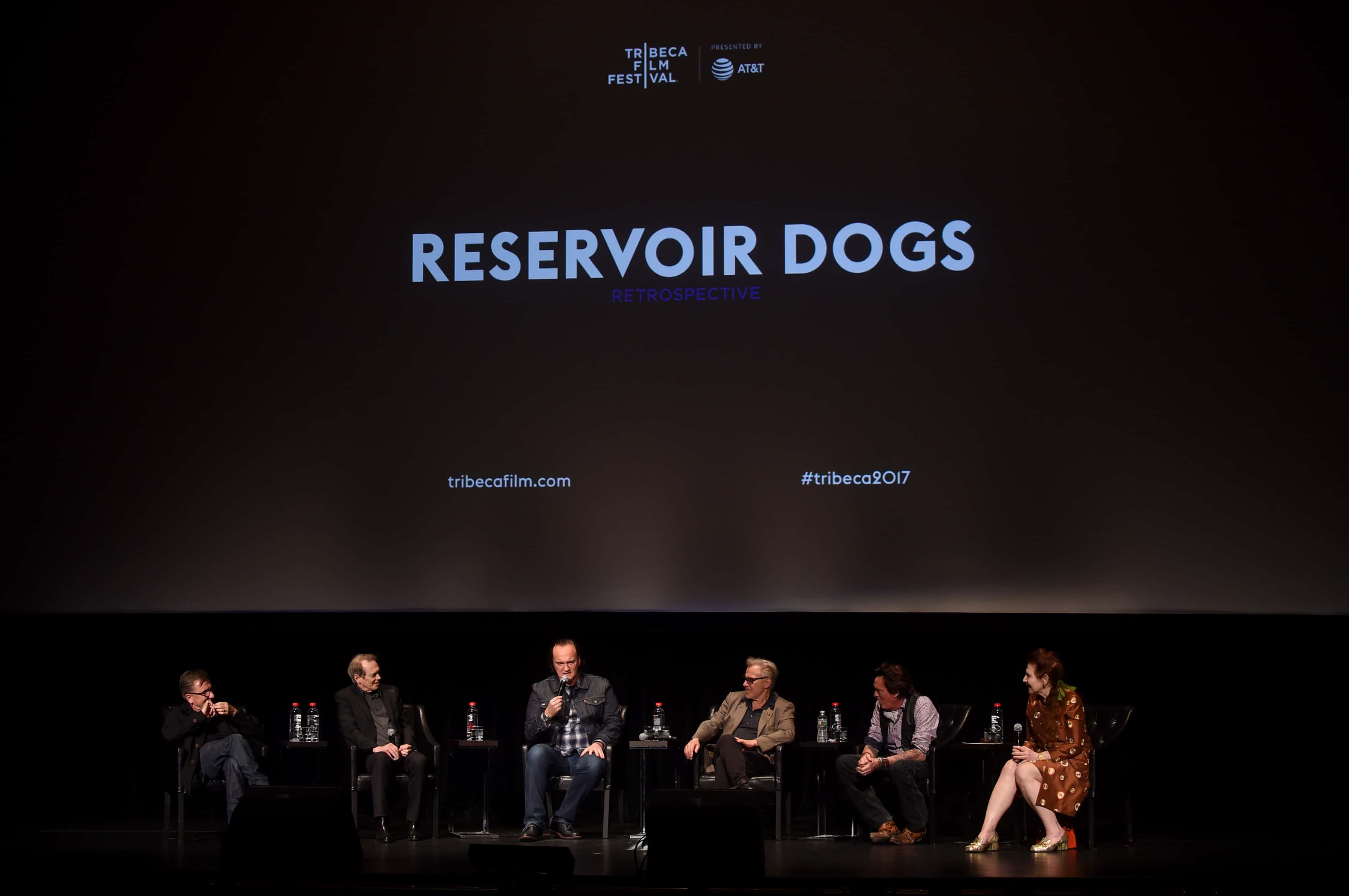 Tim Roth, Steve Buscemi, Quentin Tarantino, Harvey Keitel, Michael Madsen and Lynn Hirschberg speak onstage during the panel for the "Reservoir Dogs"