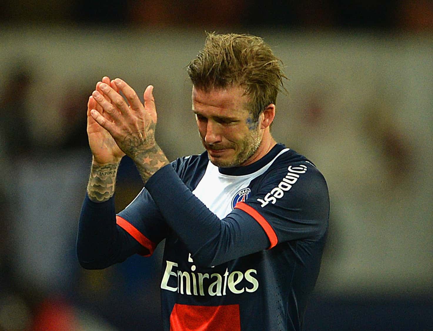 David Beckham of PSG reacts as he is substituted during the Ligue 1 match between Paris Saint-Germain FC and Stade Brestois 29