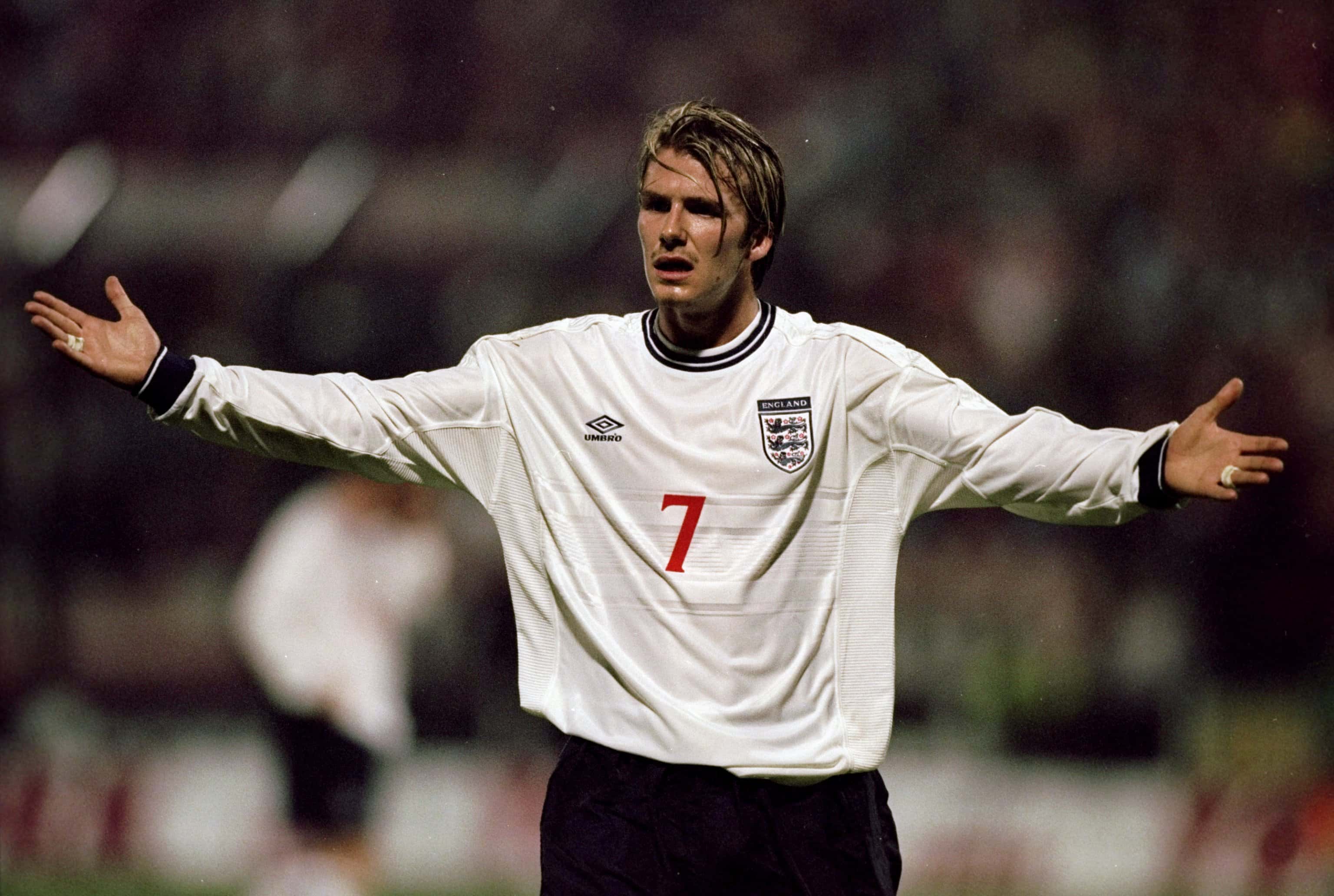 David Beckham of England appeals for a penalty during the Poland v England Euro 2000 qualifying match