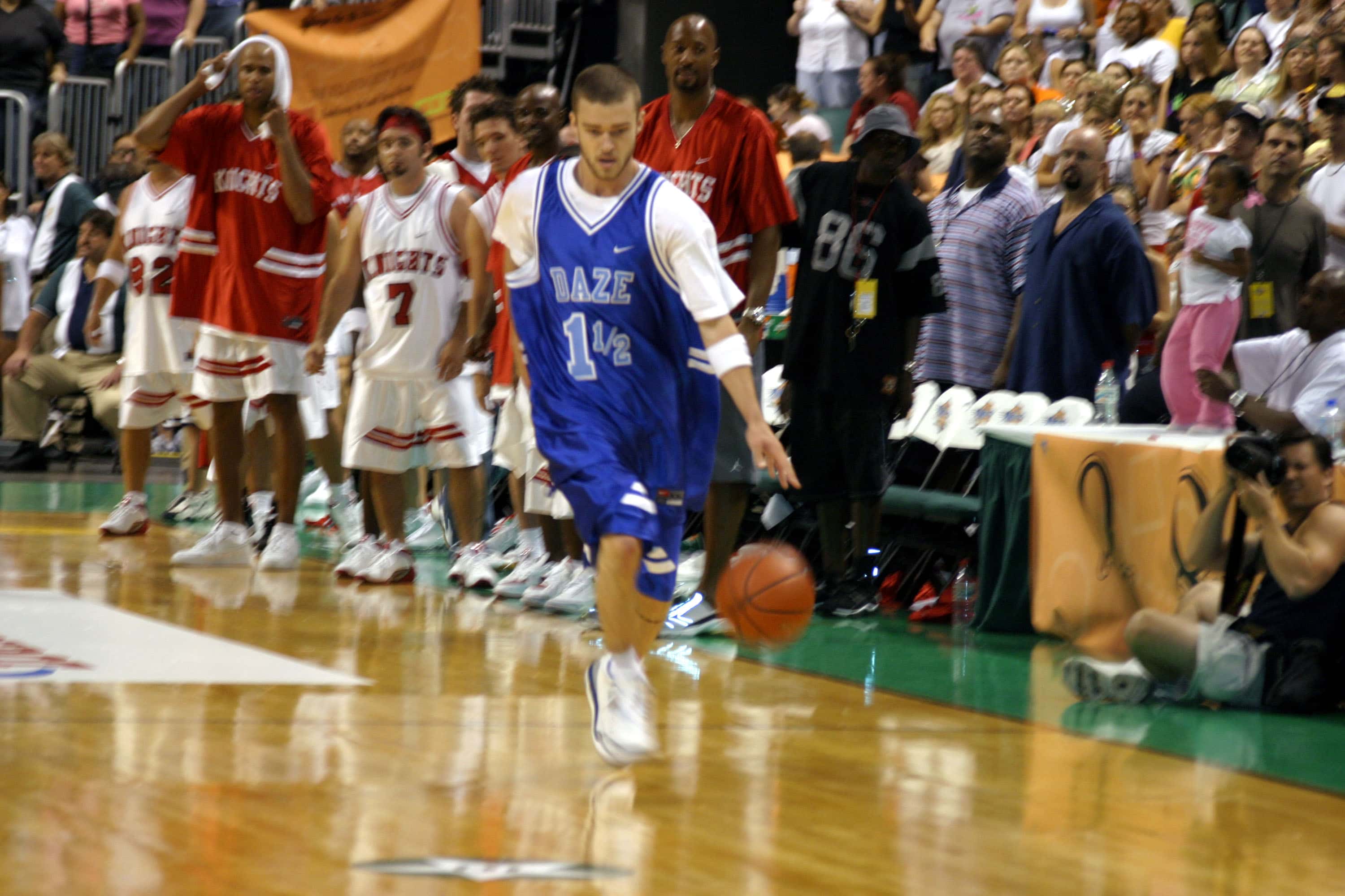 member Justin Timberlake goes for a point at the Celebrity Basketball Game