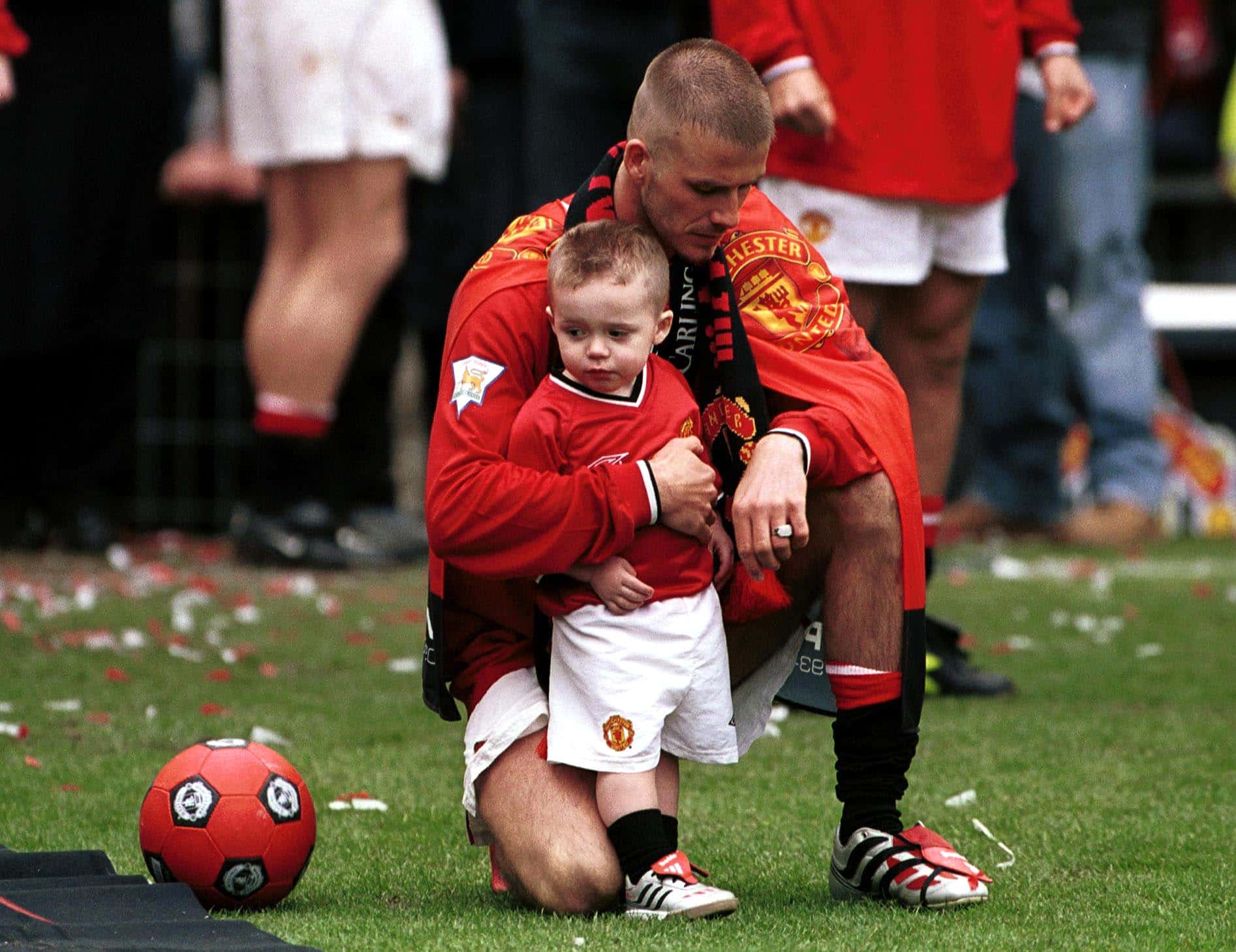 David Beckham with Brooklyn aftre the FA Carling Premiership match