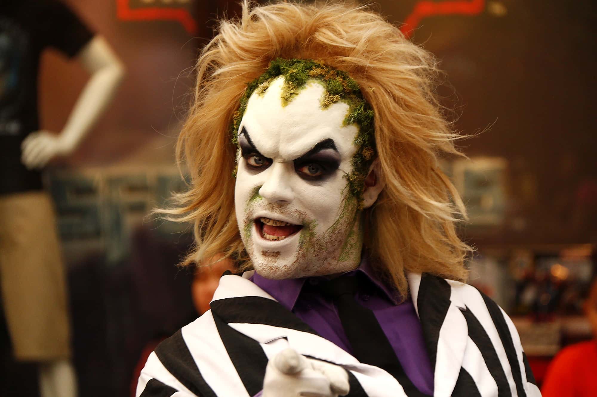 Close up shot of Beetlejuice mask