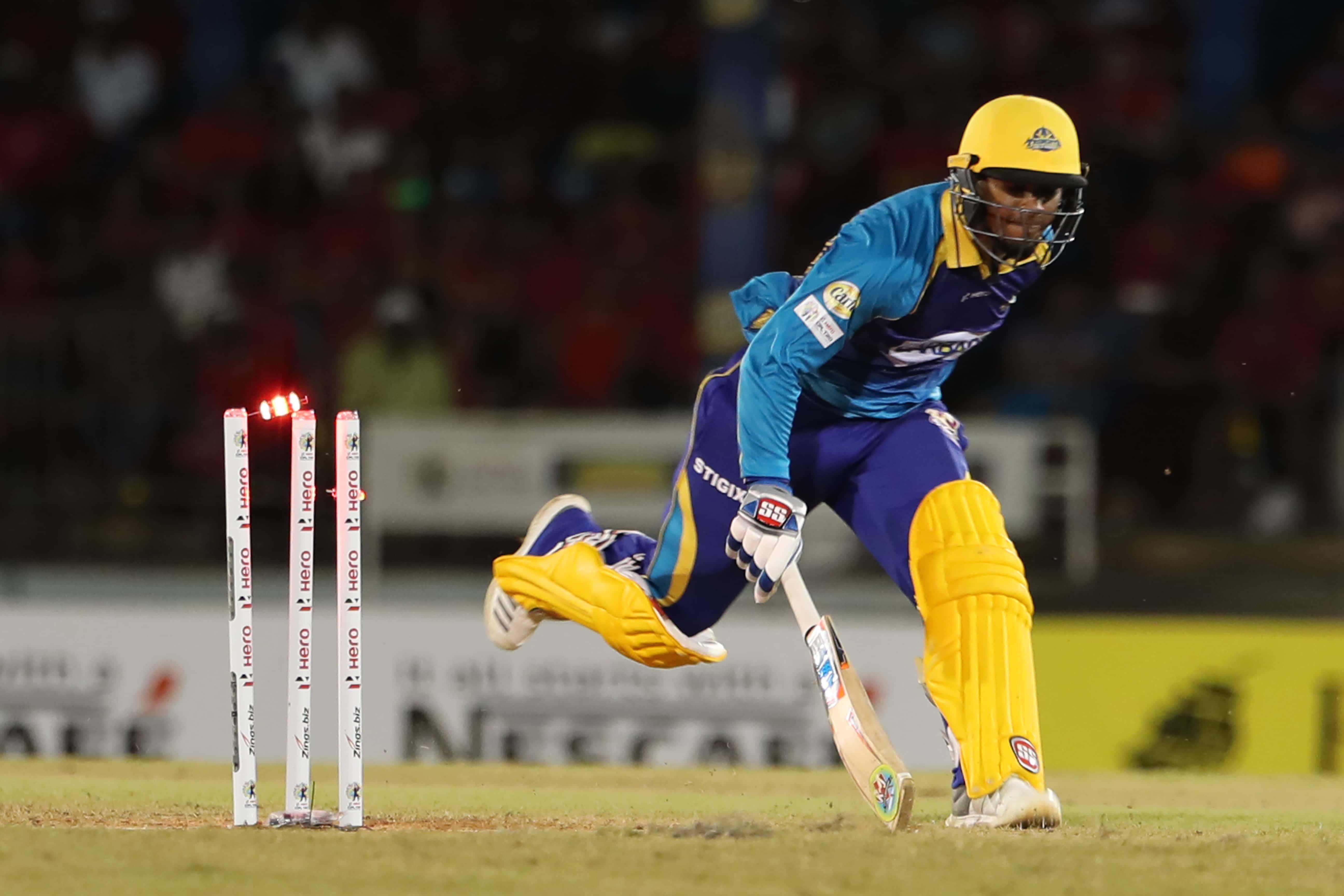 Nicholas Pooran of Barbados Tridents is run out during the Hero Caribbean Premier League match