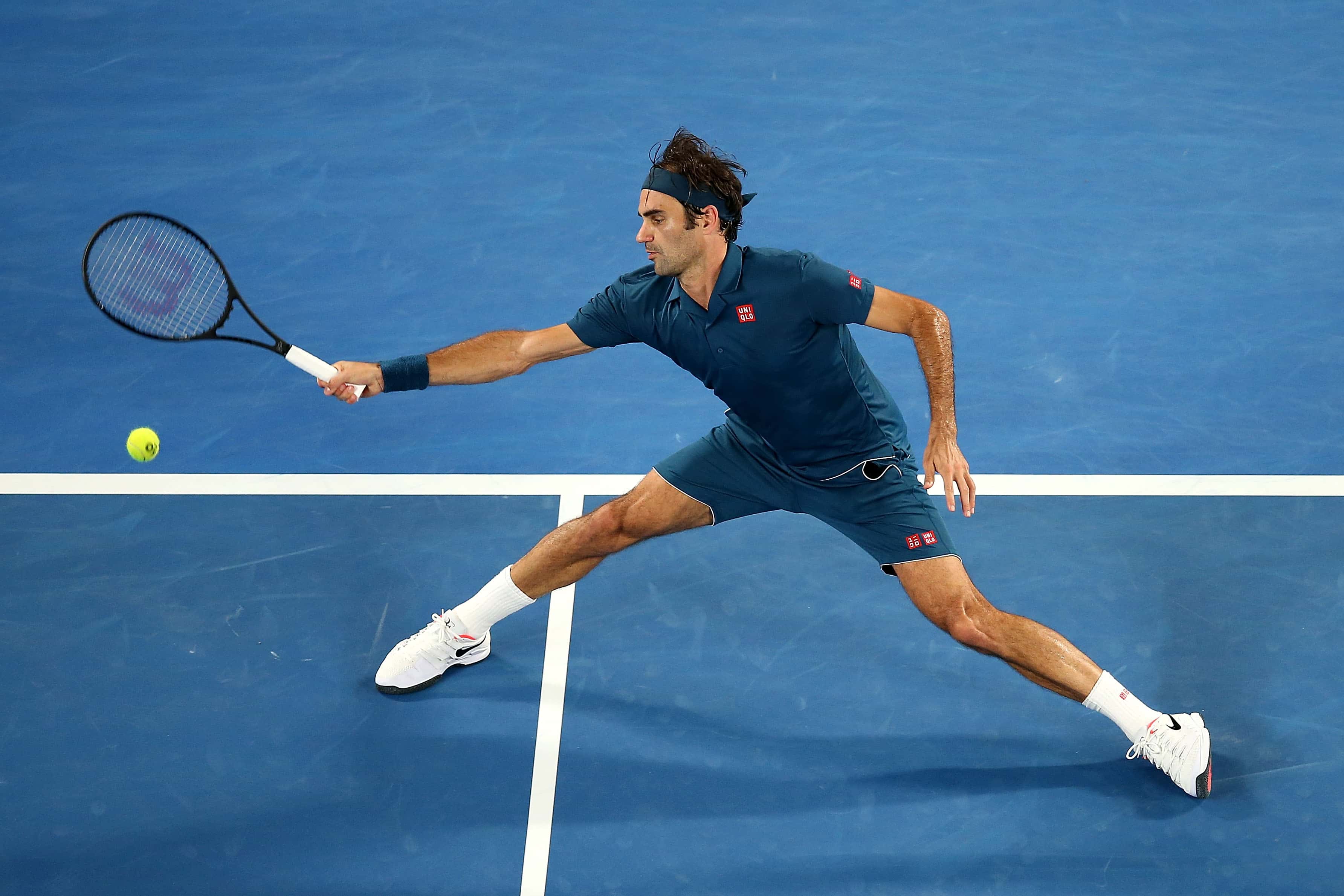 Roger Federer of Switzerland plays at the 2019 Australian Open