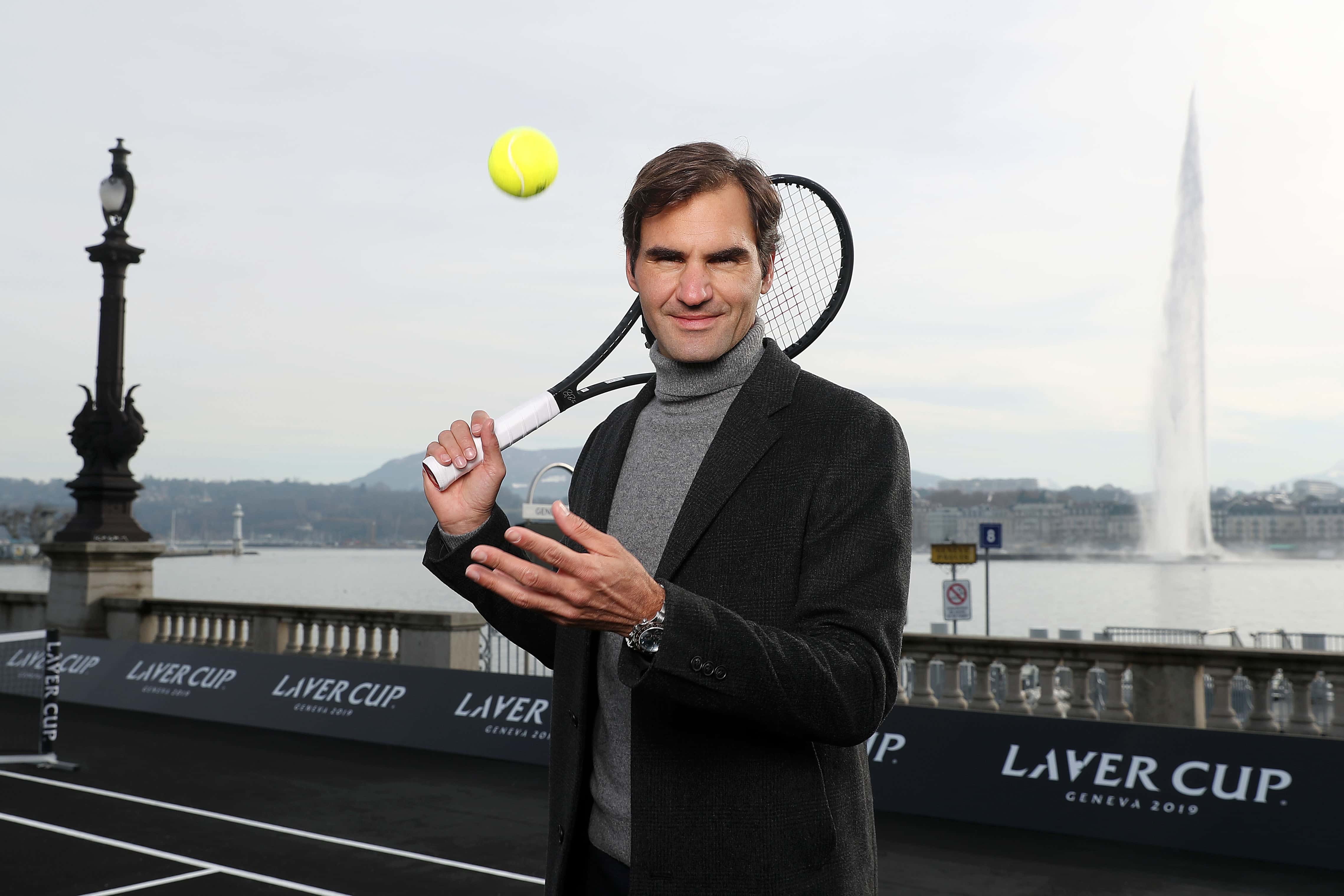 Roger Federer of Switzerland poses for a photo on the black court at La Rotonde