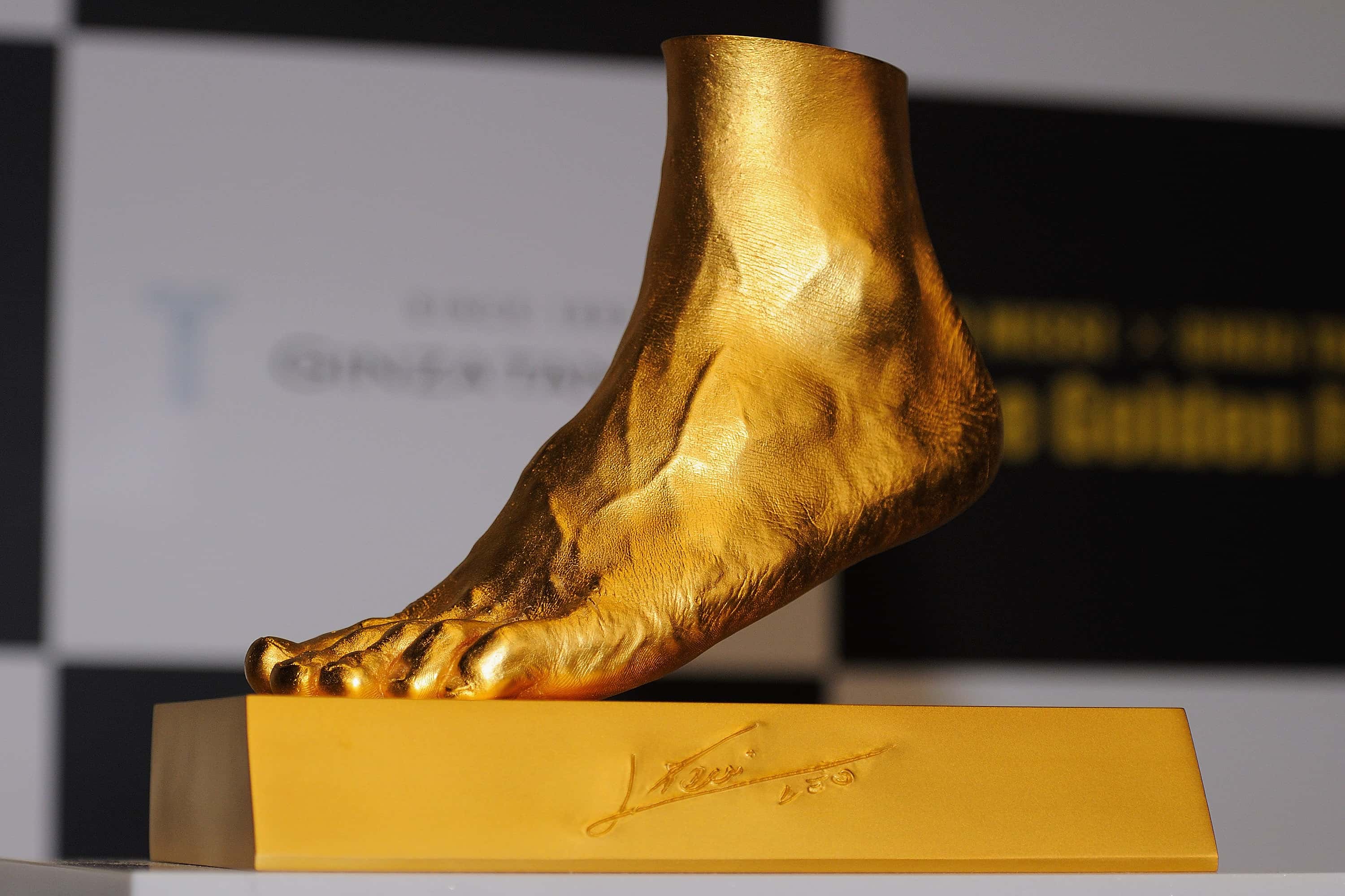 Golden statue of the left foot of Lionel Messi