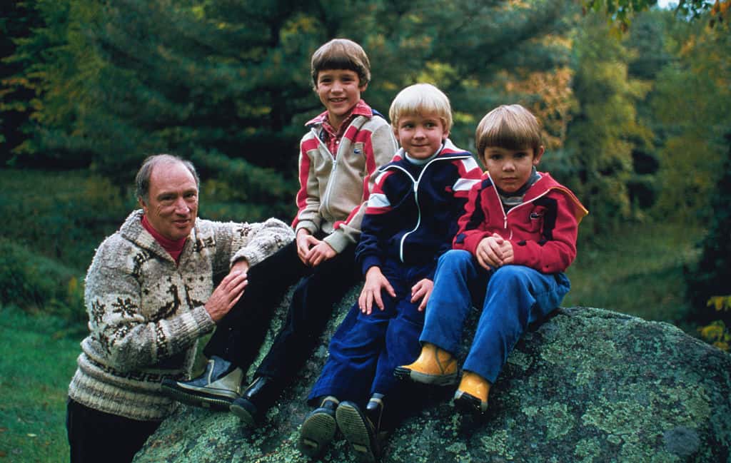 Canadian Prime Minister Pierre E. Trudeau joins sons Justin, Sacha, and Michel in this photo for his 1980 Christmas card