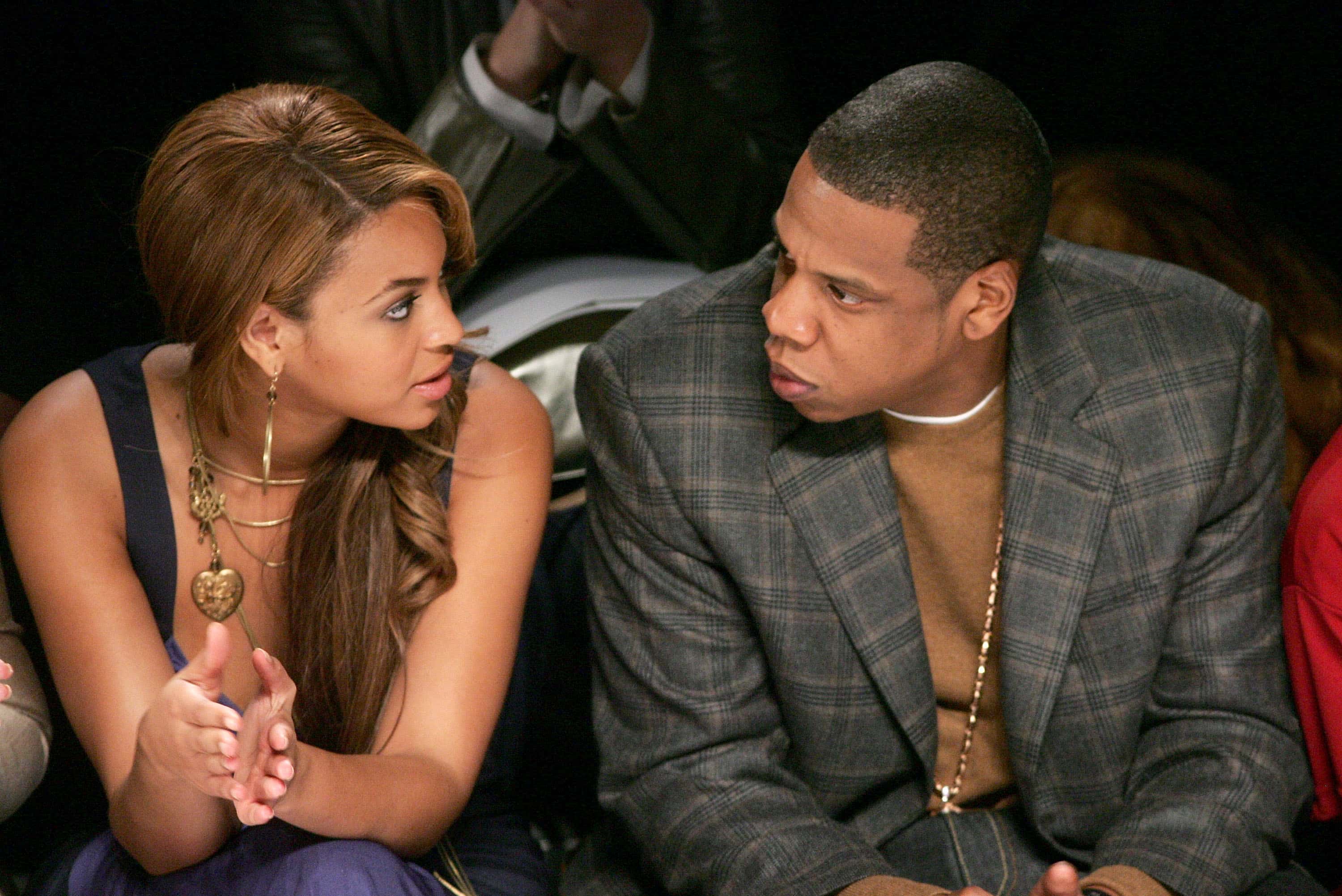 Beyonce Knowles (L) and her man, rapper Jay Z attend the Marc Jacobs Fall 2005 show