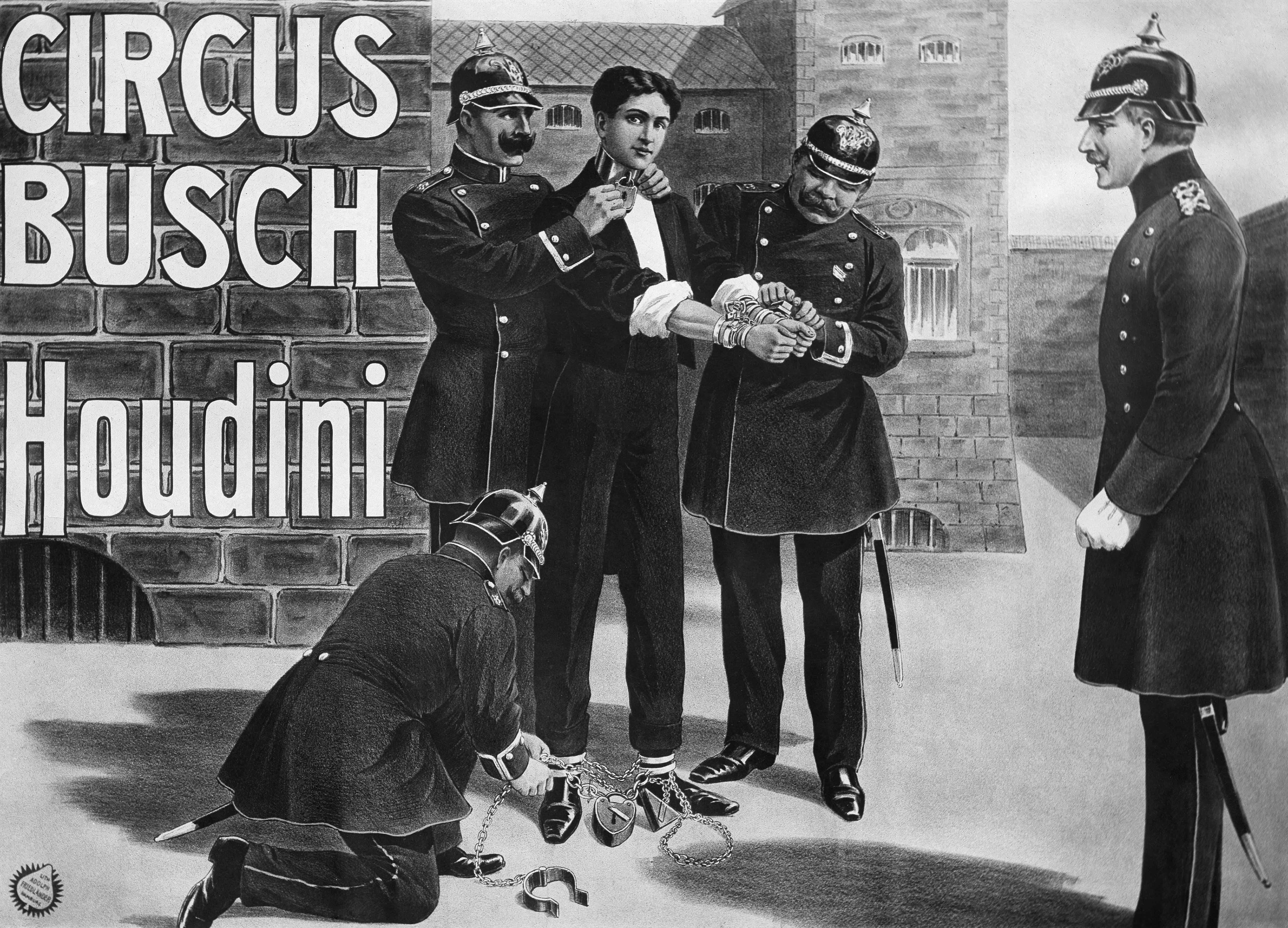 Poster of Circus Bush, advertising for the magician and escapologist Harry Houdini.