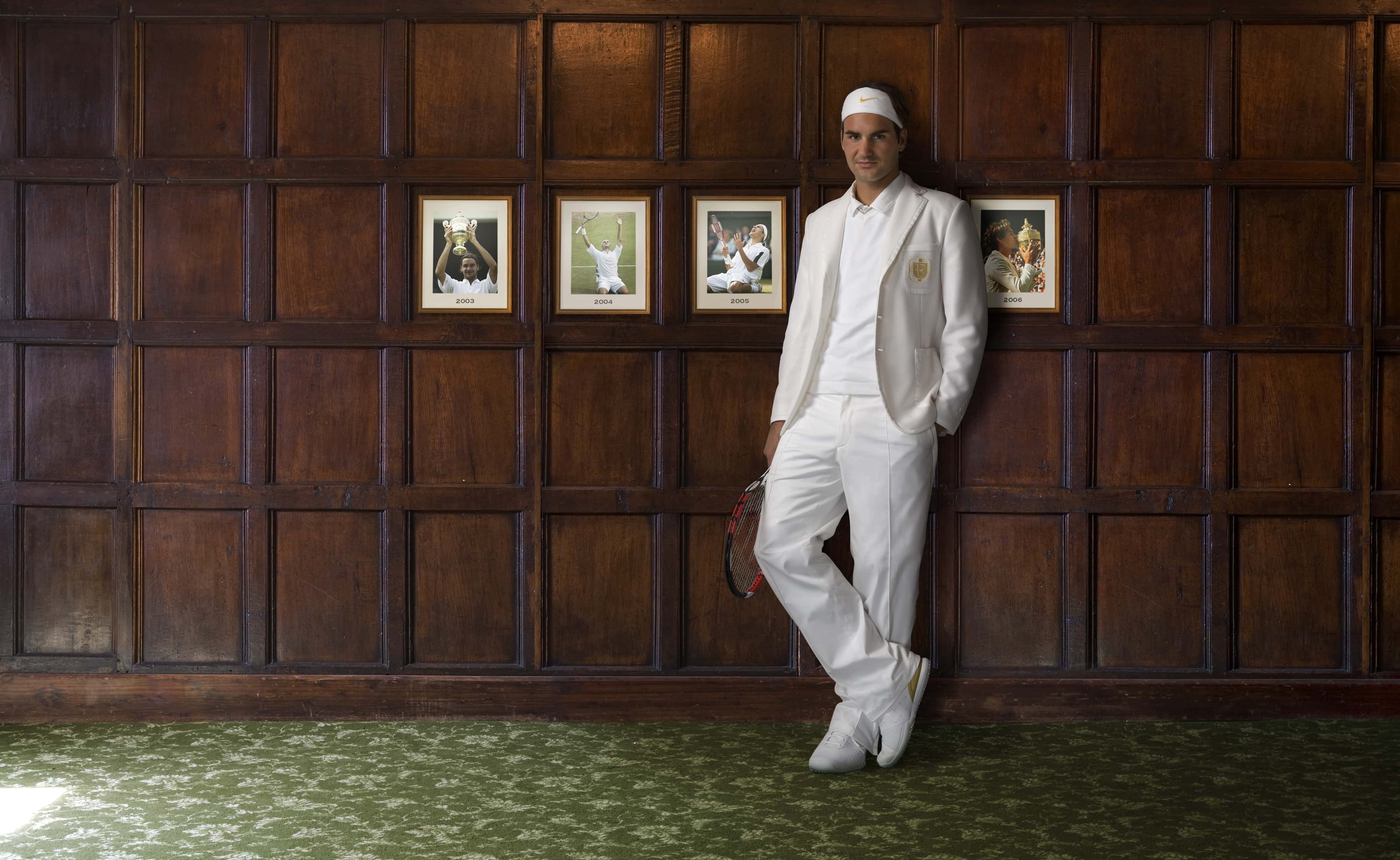 Roger Federer of Switzerland poses for a portrait, wearing the luxury 'heritage' style bespoke kit designed for him by Nike
