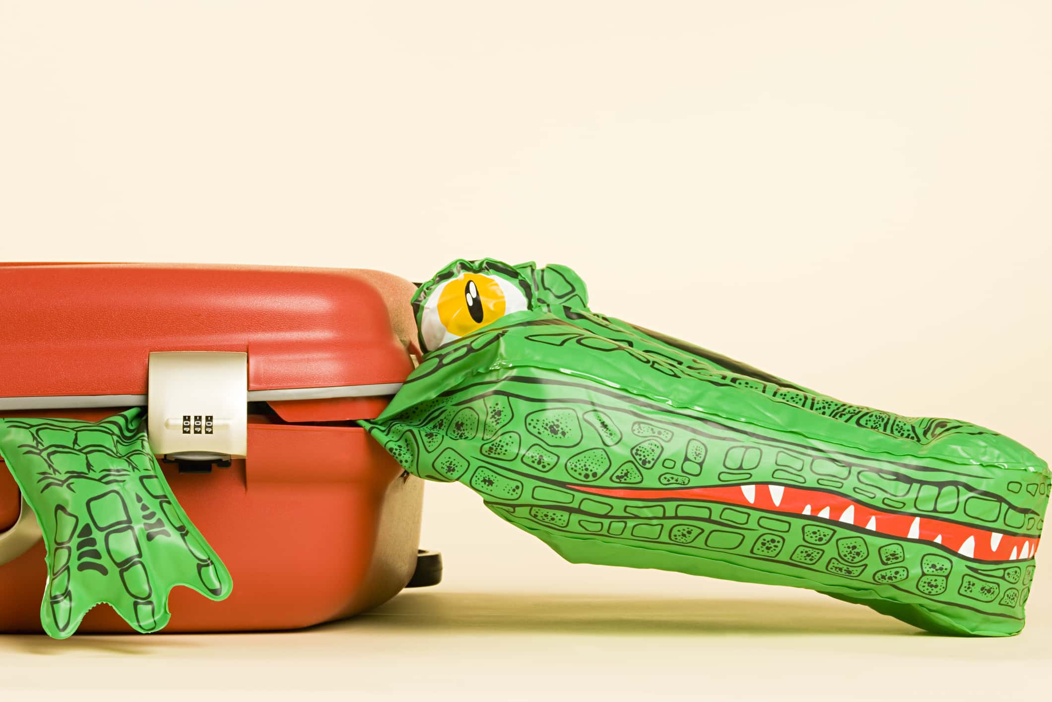 nflatable crocodile in a suitcase.