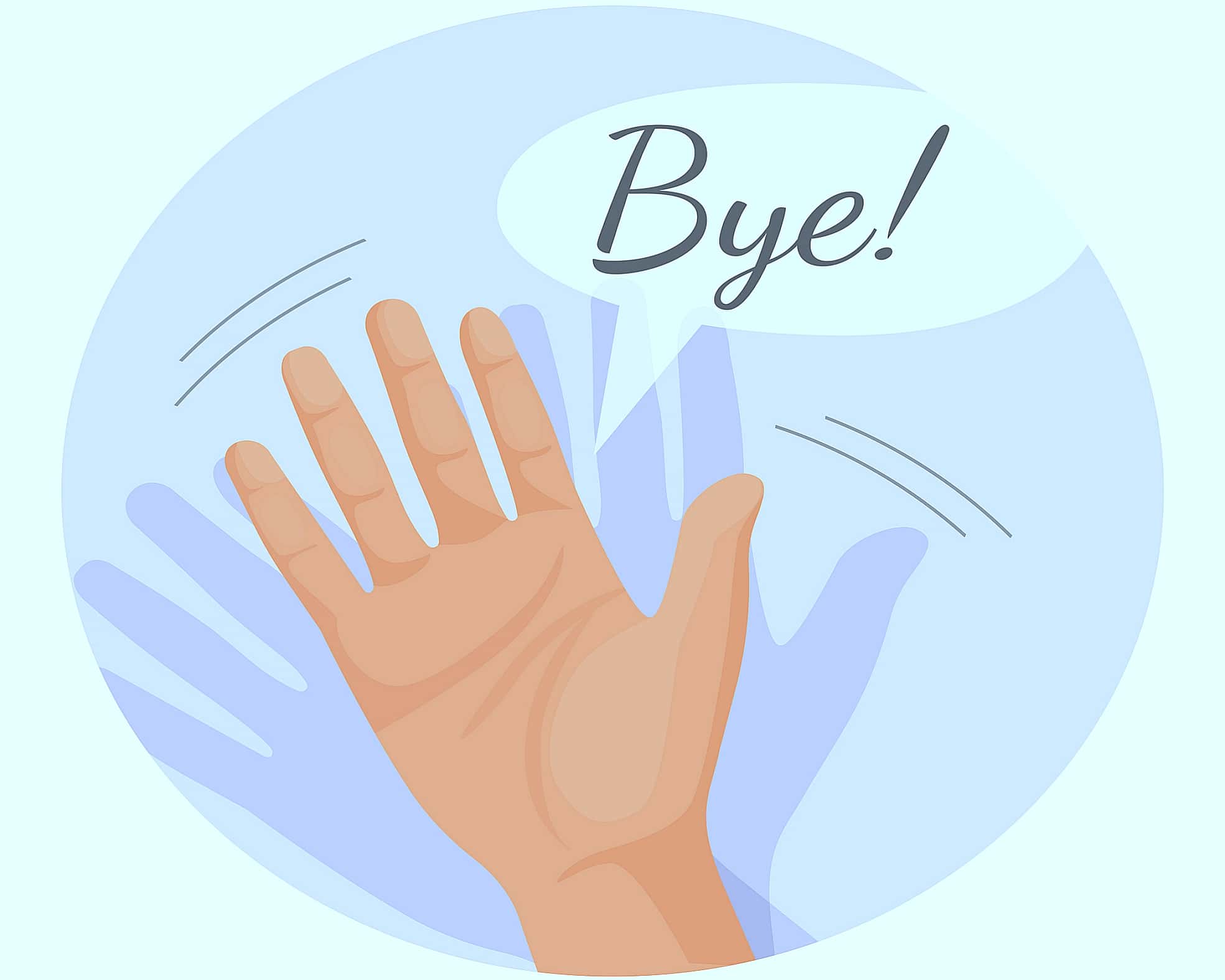 Hand waving goodbye vector illustration in round circle isolated.