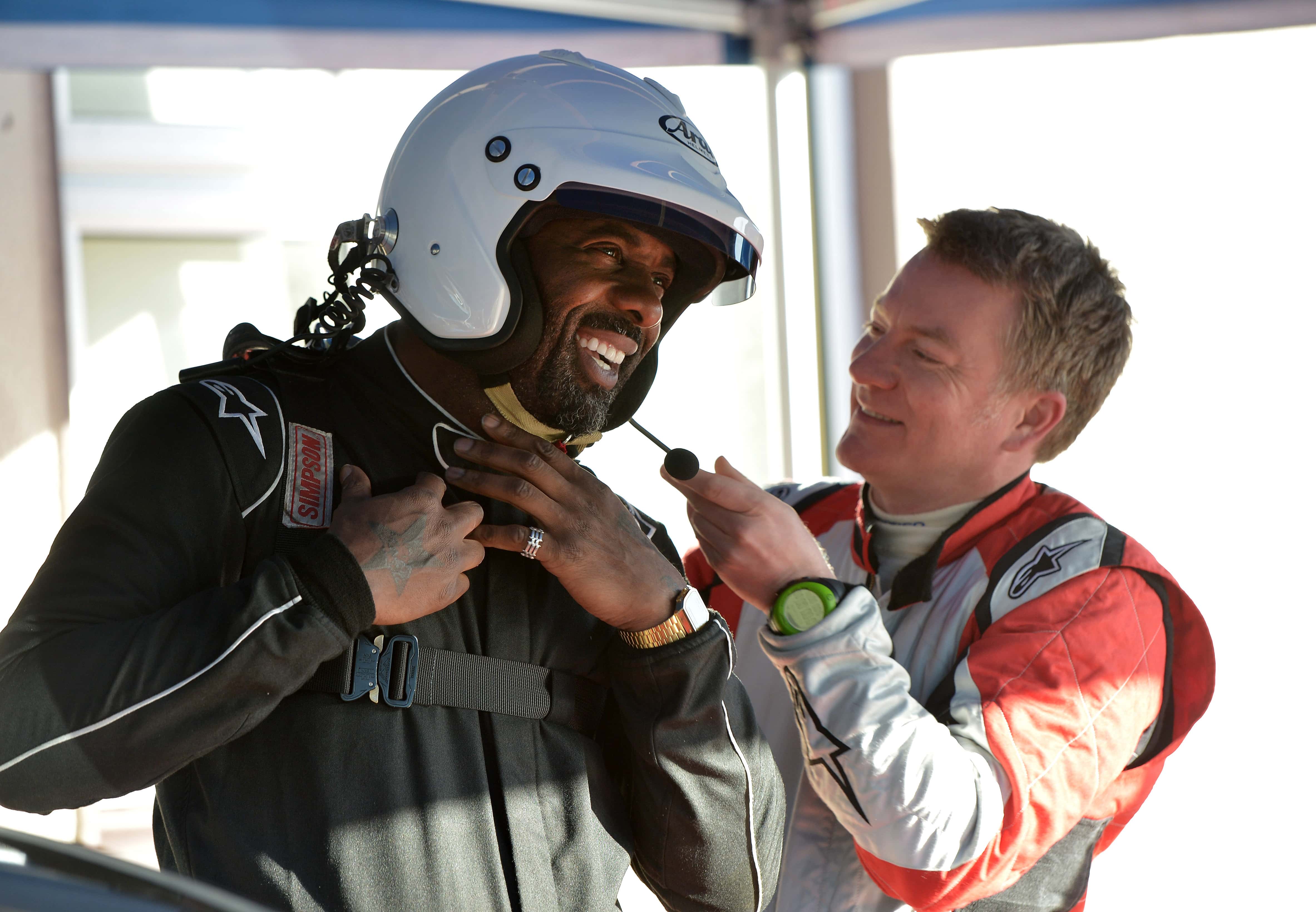 Idris Elba (L) shares a joke with navigator Michael Orr (R)