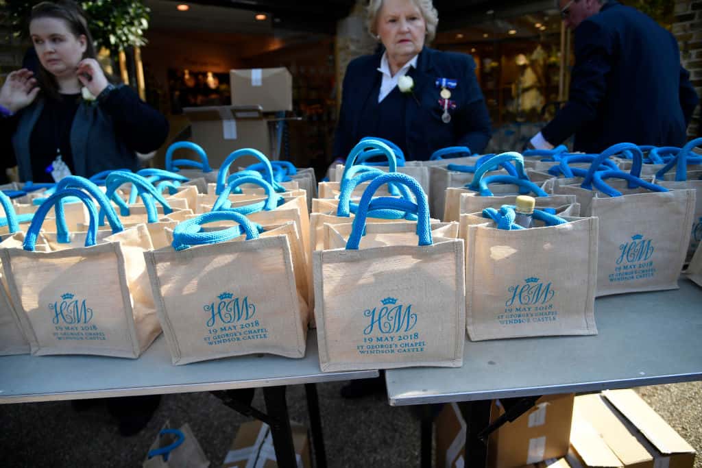 Monogrammed gift bags at Windsor Castle before the wedding of Prince Harry to Meghan Markle - 2018