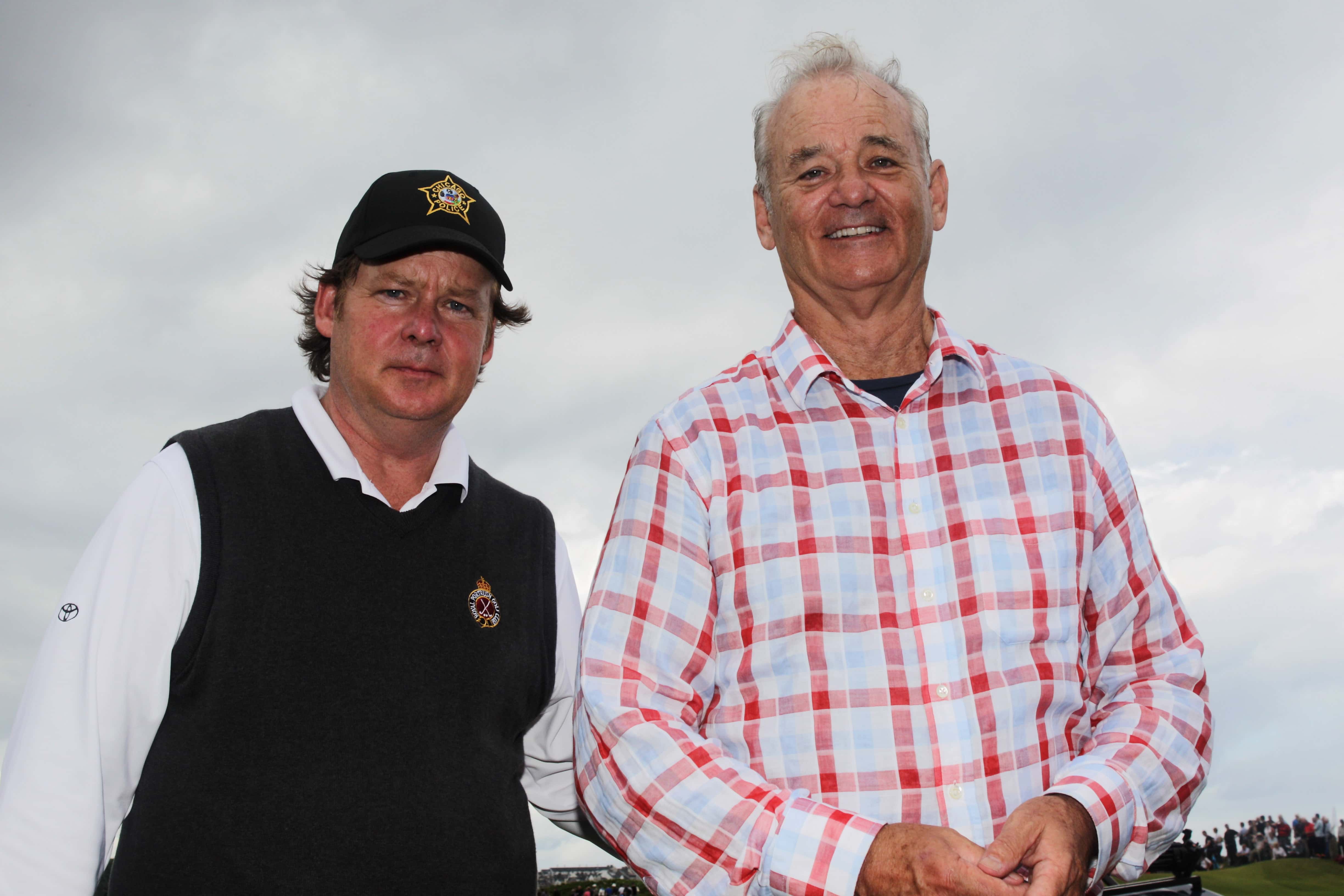 merican Actors, Bill Murray (R) and his brother Joel Murray pose on the 18th hole during the Pro Am for the 2012 Irish Open