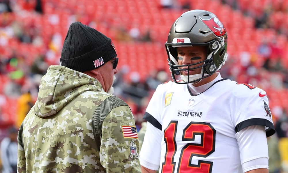 Tom Brady (12) talks with head coach Bruce Arians