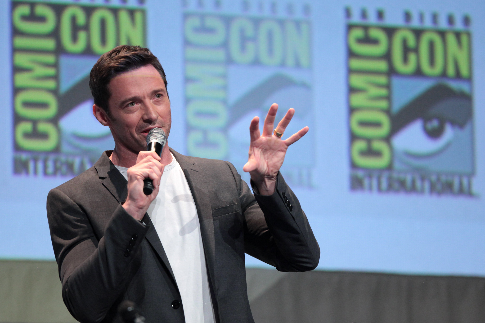 Hugh Jackman speaking at the 2015 San Diego Comic Con International
