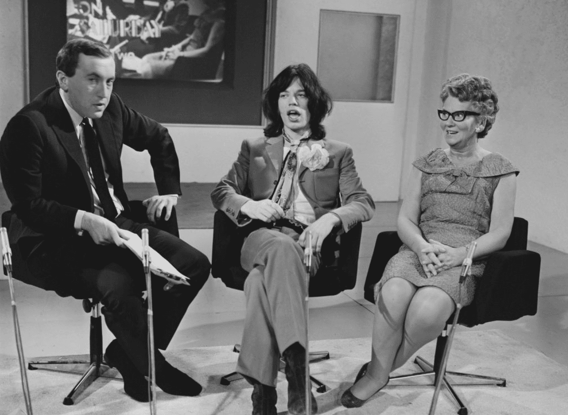 David Frost (1939 - 2013) hosts British singer-songwriter Mick Jagger and British conservative social activist Mary Whitehouse