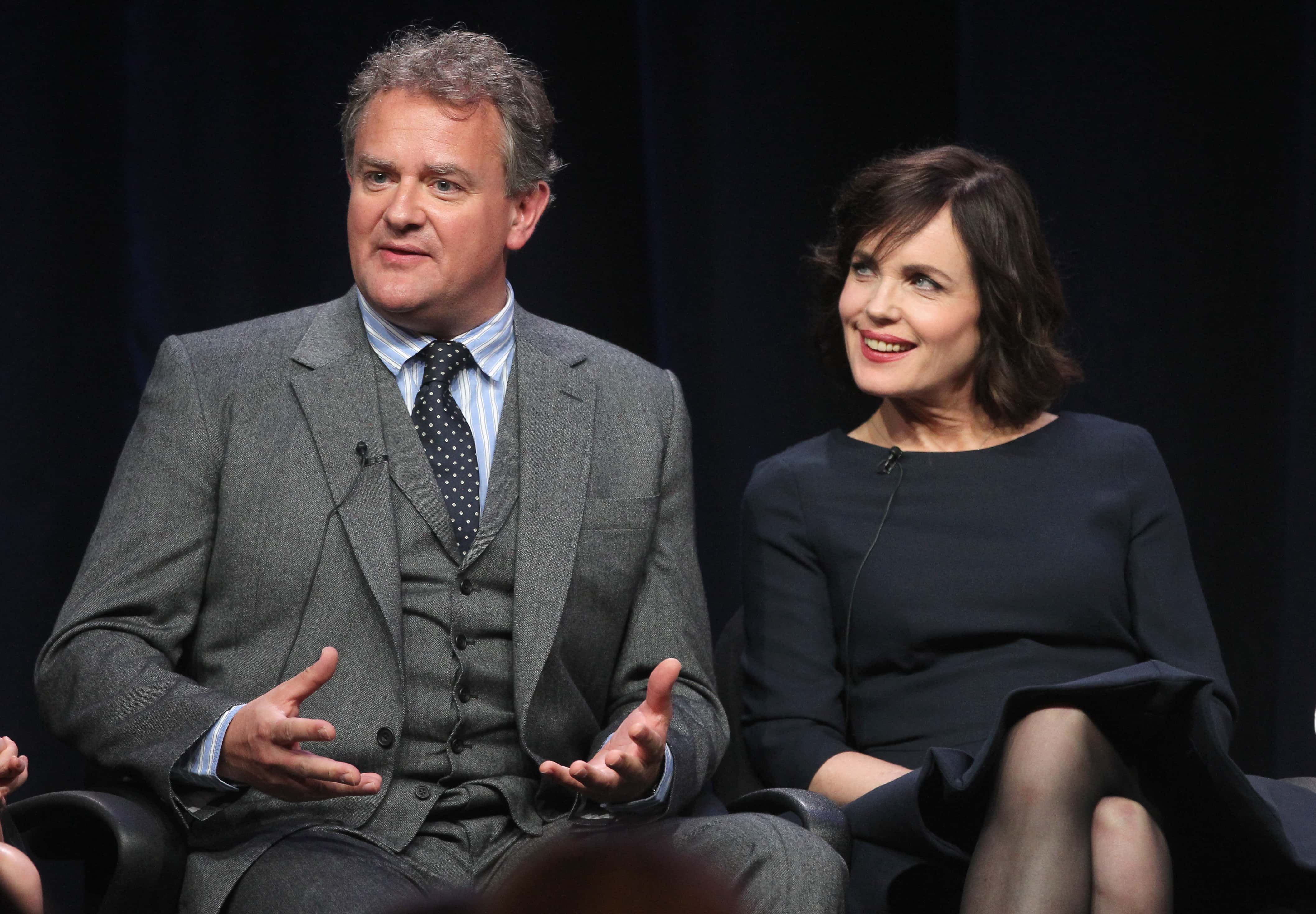 Actors Hugh Bonneville (L) and Elizabeth McGovern  speak onstage at the Masterpiece Classic 