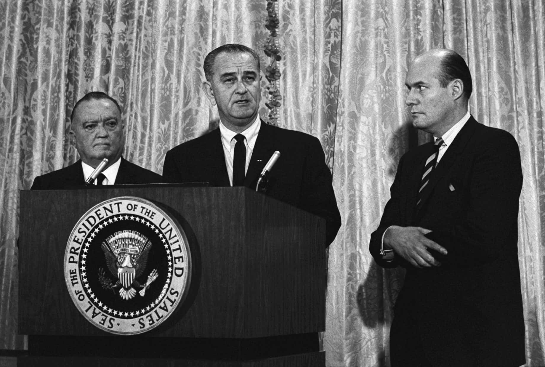 President Lyndon B. Johnson announcing the capture of Ku Klux Klan members
