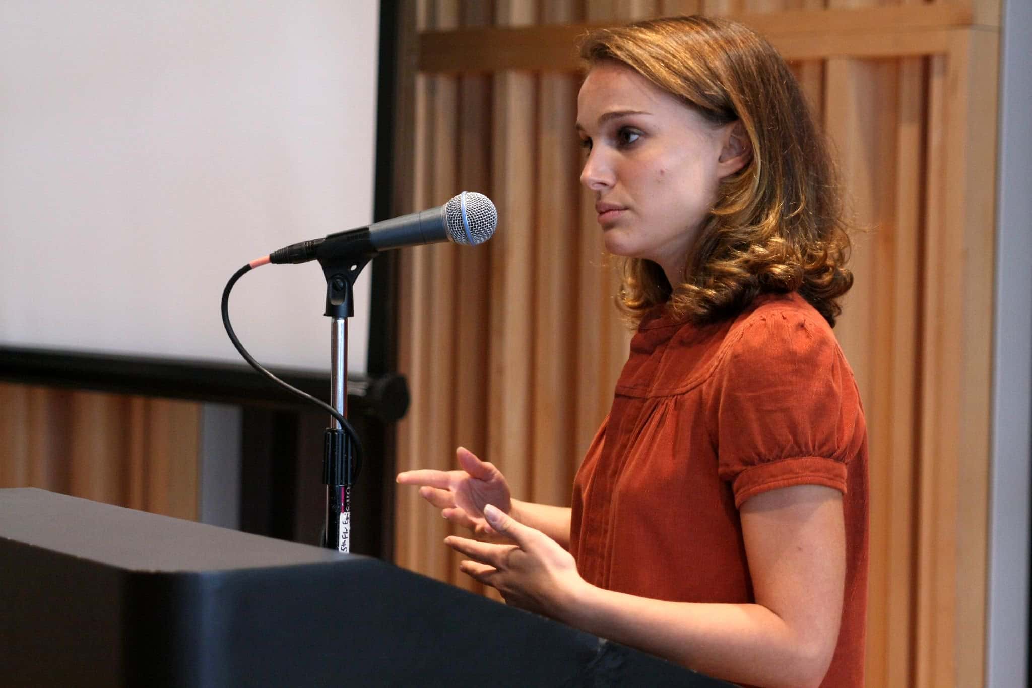 Natalie Portman at Columbia University discussing her work and role with global microfinance organization