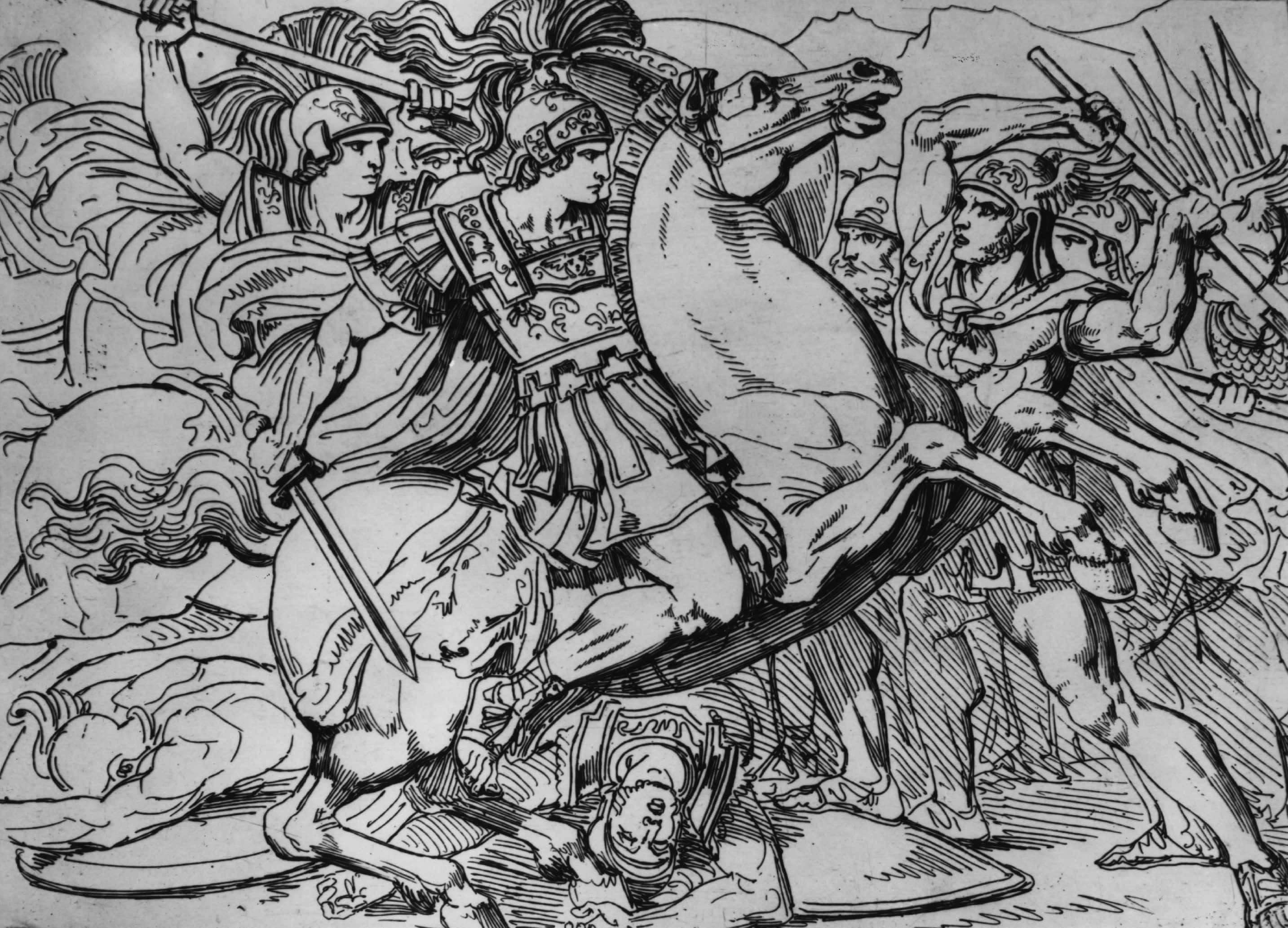 Illustration of Alexander the Great King of Macedonia, on his horse Bucephalus