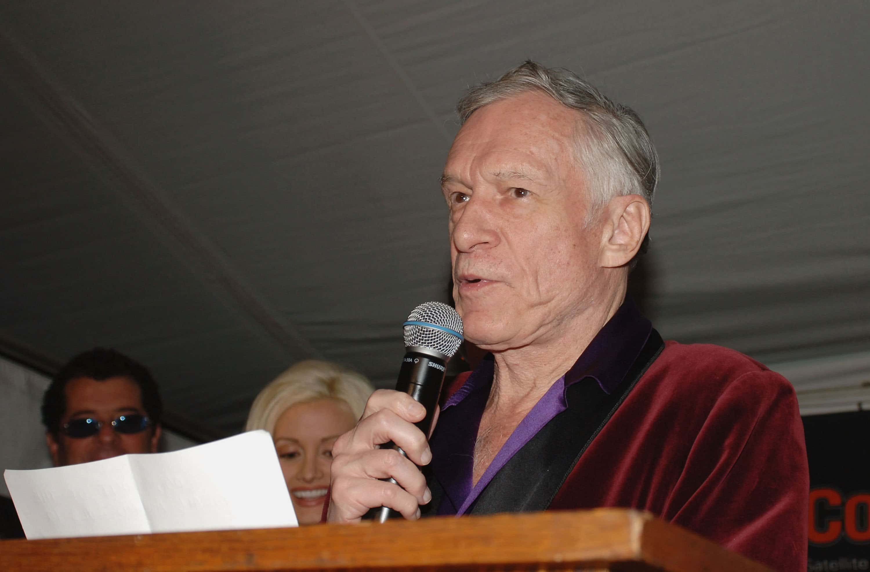 Playboy's Hugh Hefner speaks at the Gumball 3000