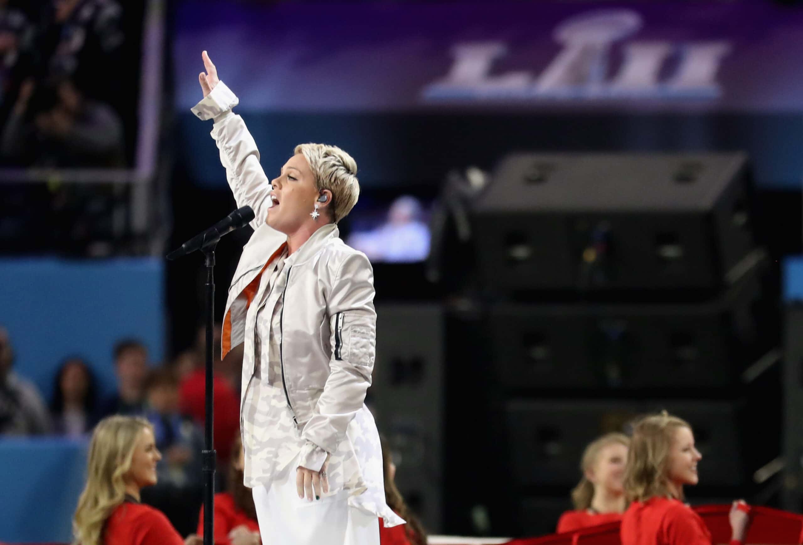 Pink sings the national anthem prior to Super Bowl LII between the New England Patriots and the Philadelphia Eagles