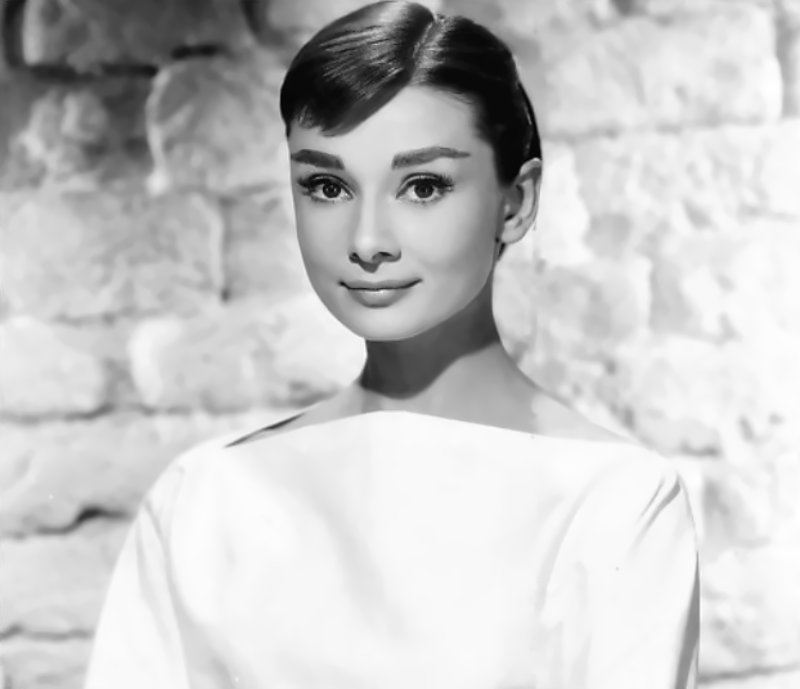 Grayscale Portrait Photo of Audrey Hepburn in white dress